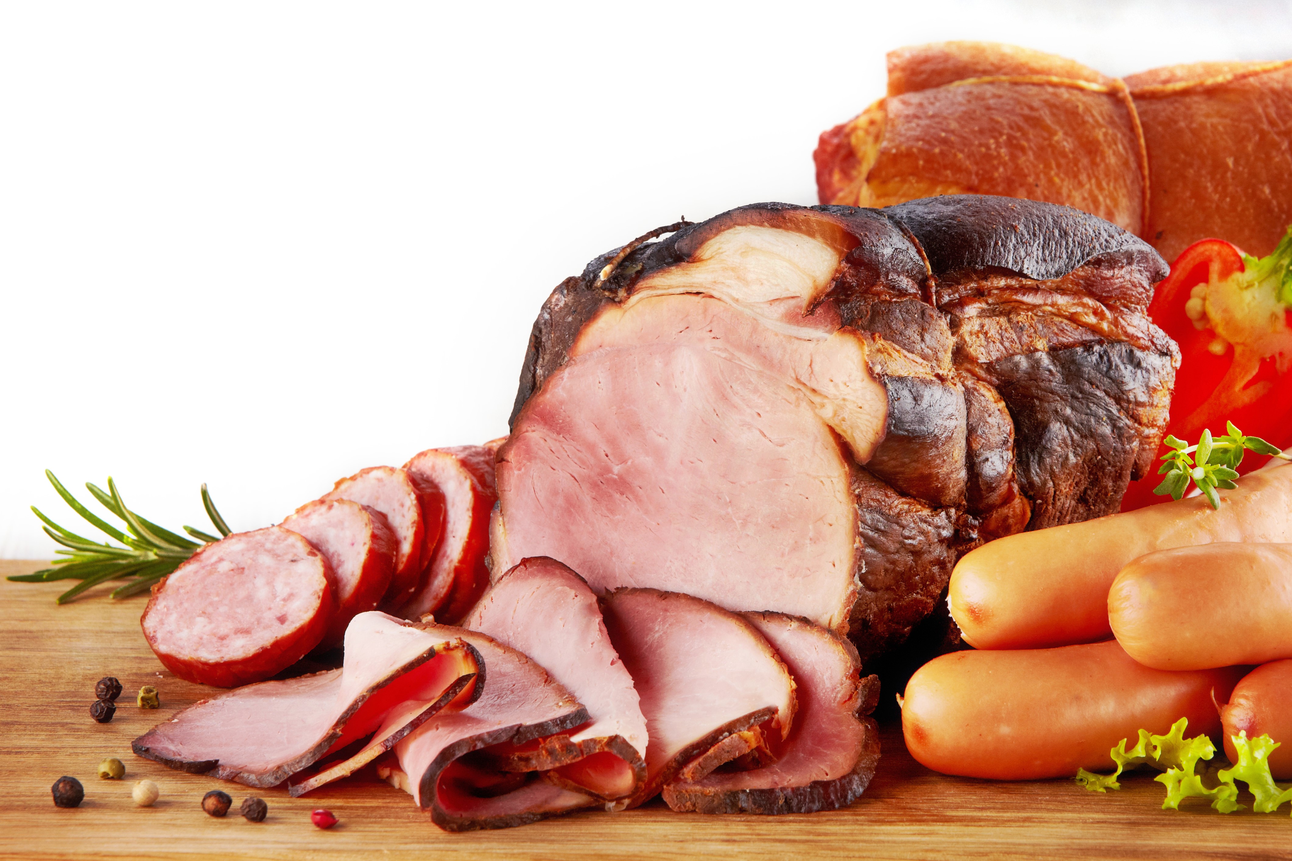 Meat products with ham, sausages, and bread HD Wallpaper