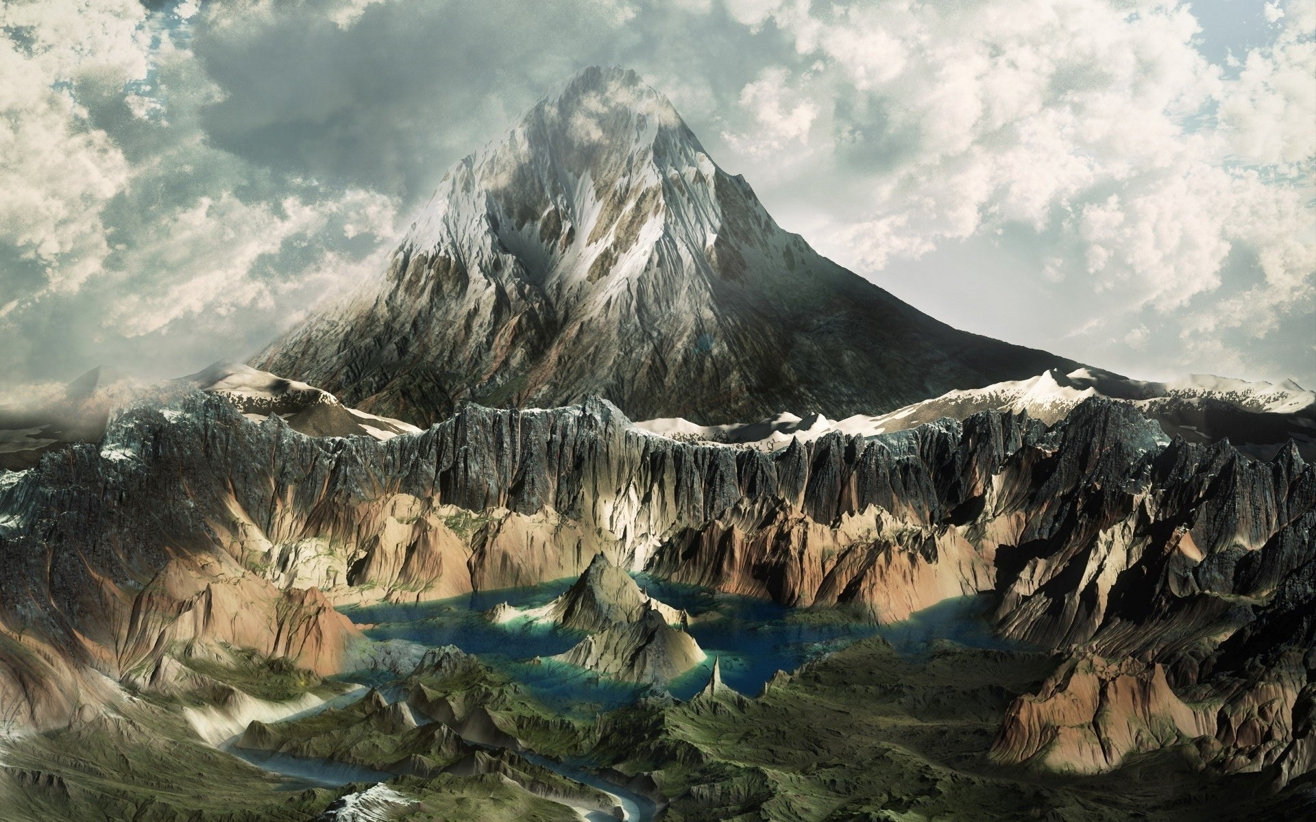 A majestic mountain range with a lake and clouds HD Wallpaper