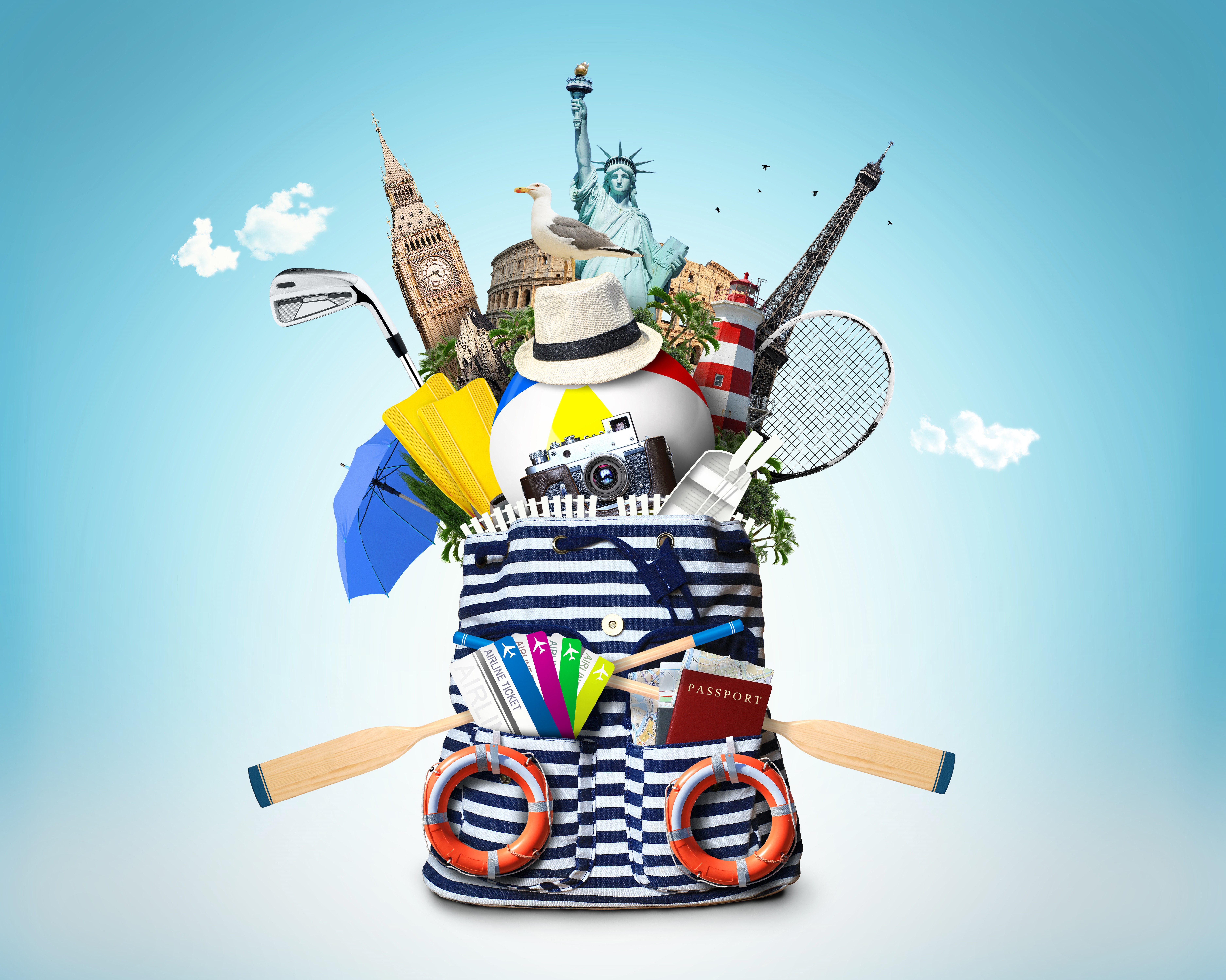 Travel bag with landmarks and accessories HD Wallpaper