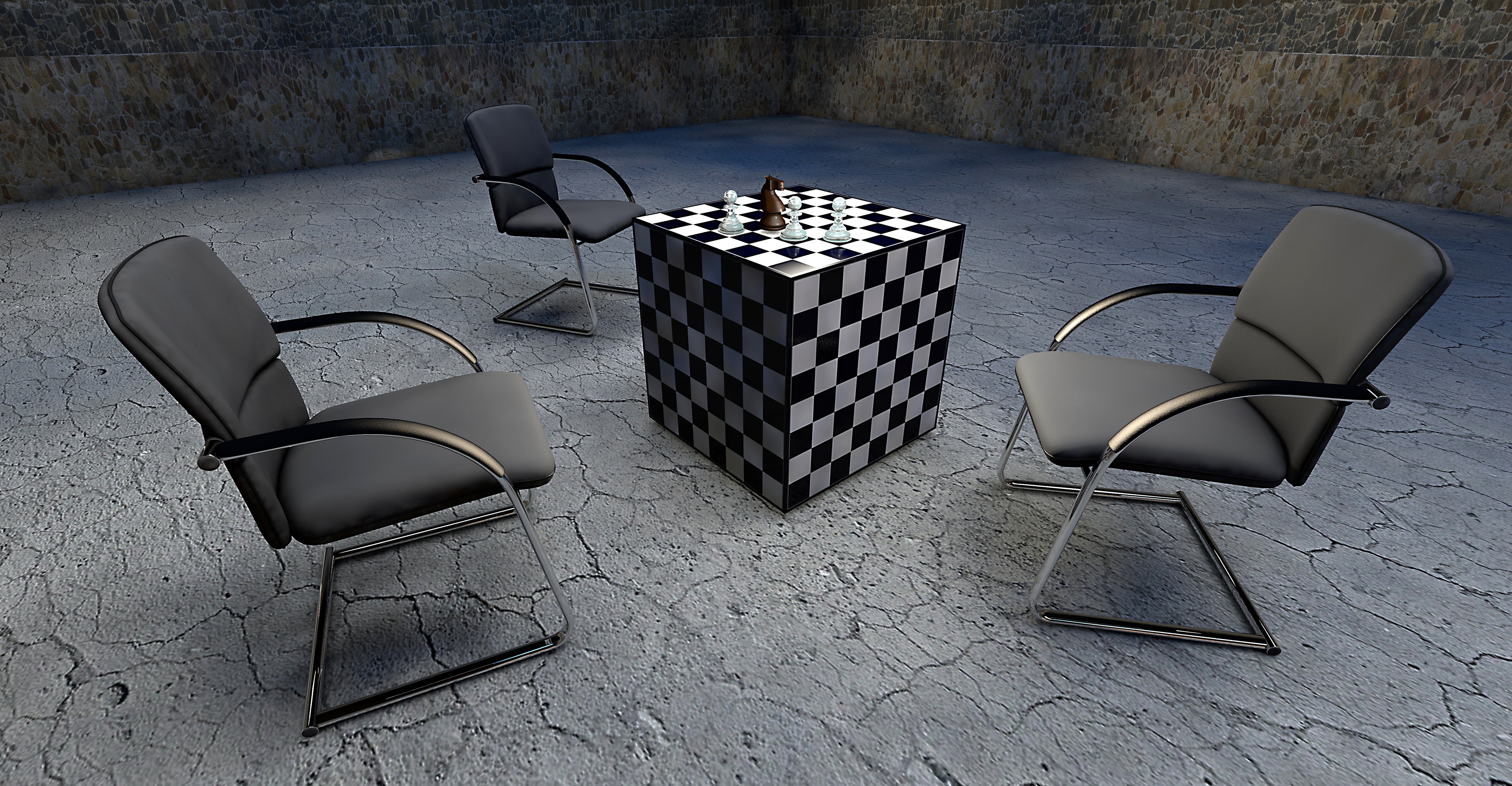 Chessboard cube table with chairs and chess pieces HD Wallpaper