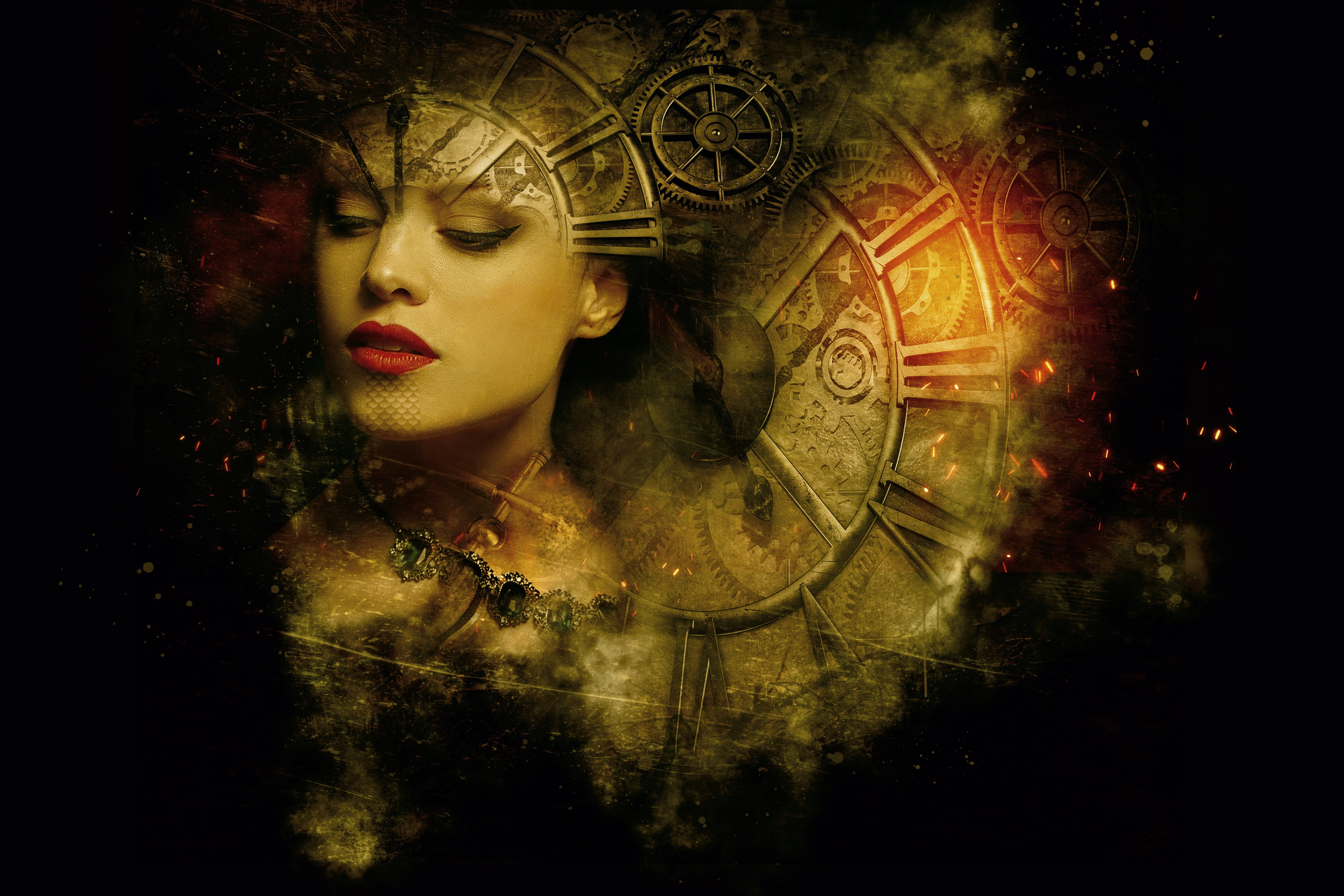 Steampunk Woman with Clockwork Face HD Wallpaper