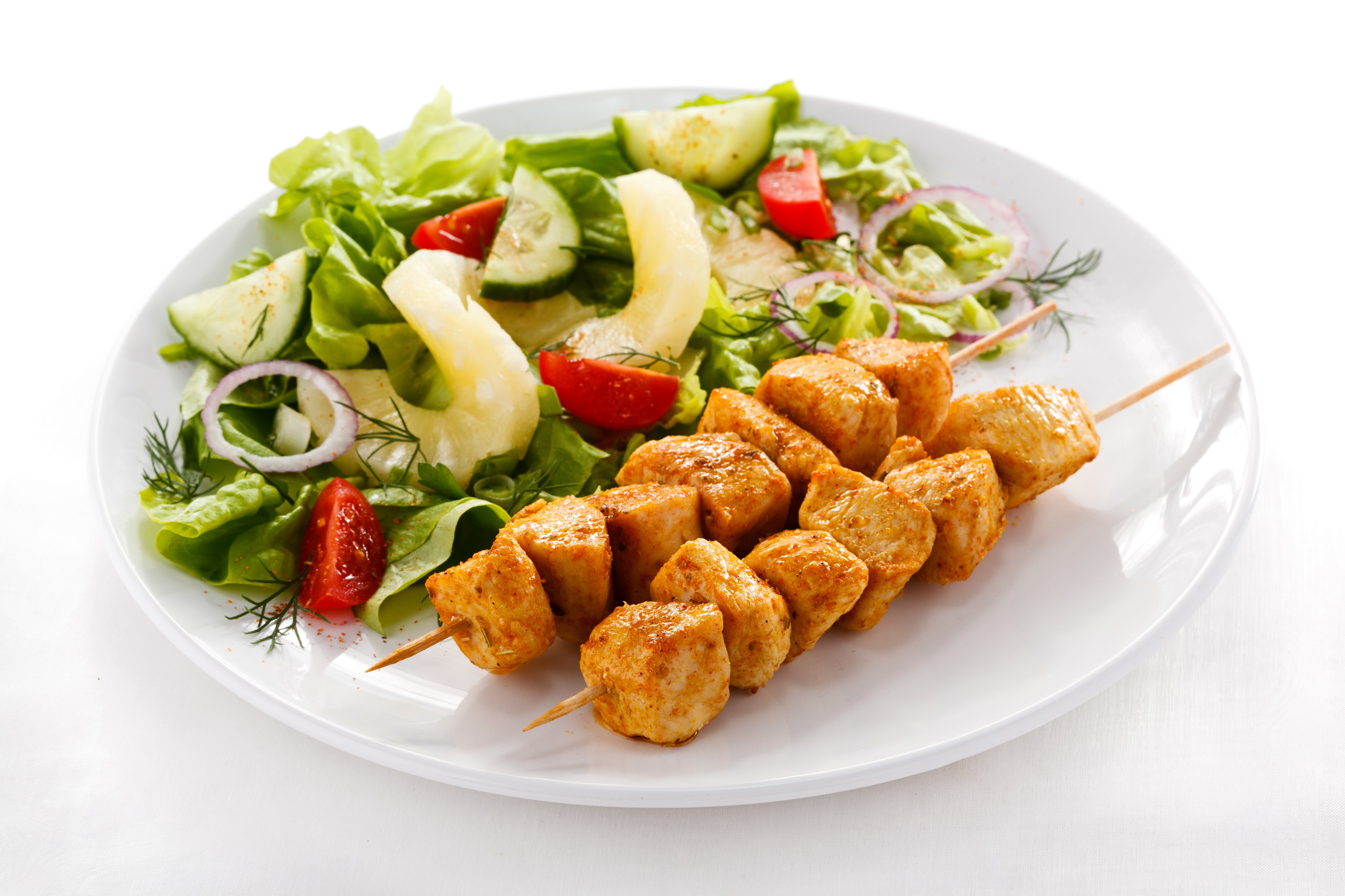 Chicken Shashlik with Salad on a White Plate HD Wallpaper