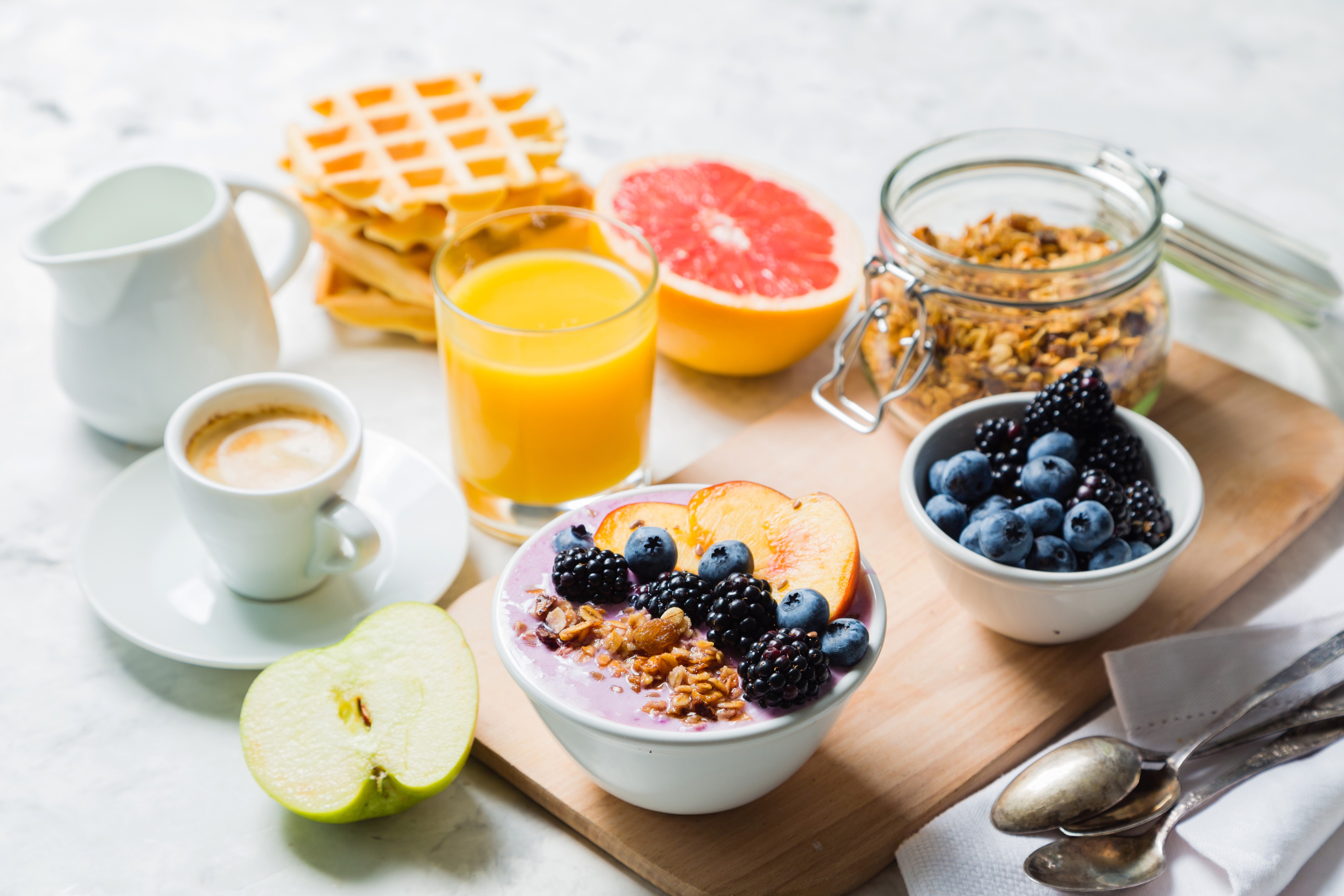 Breakfast with Waffles, Coffee, Juice, and Berries HD Wallpaper