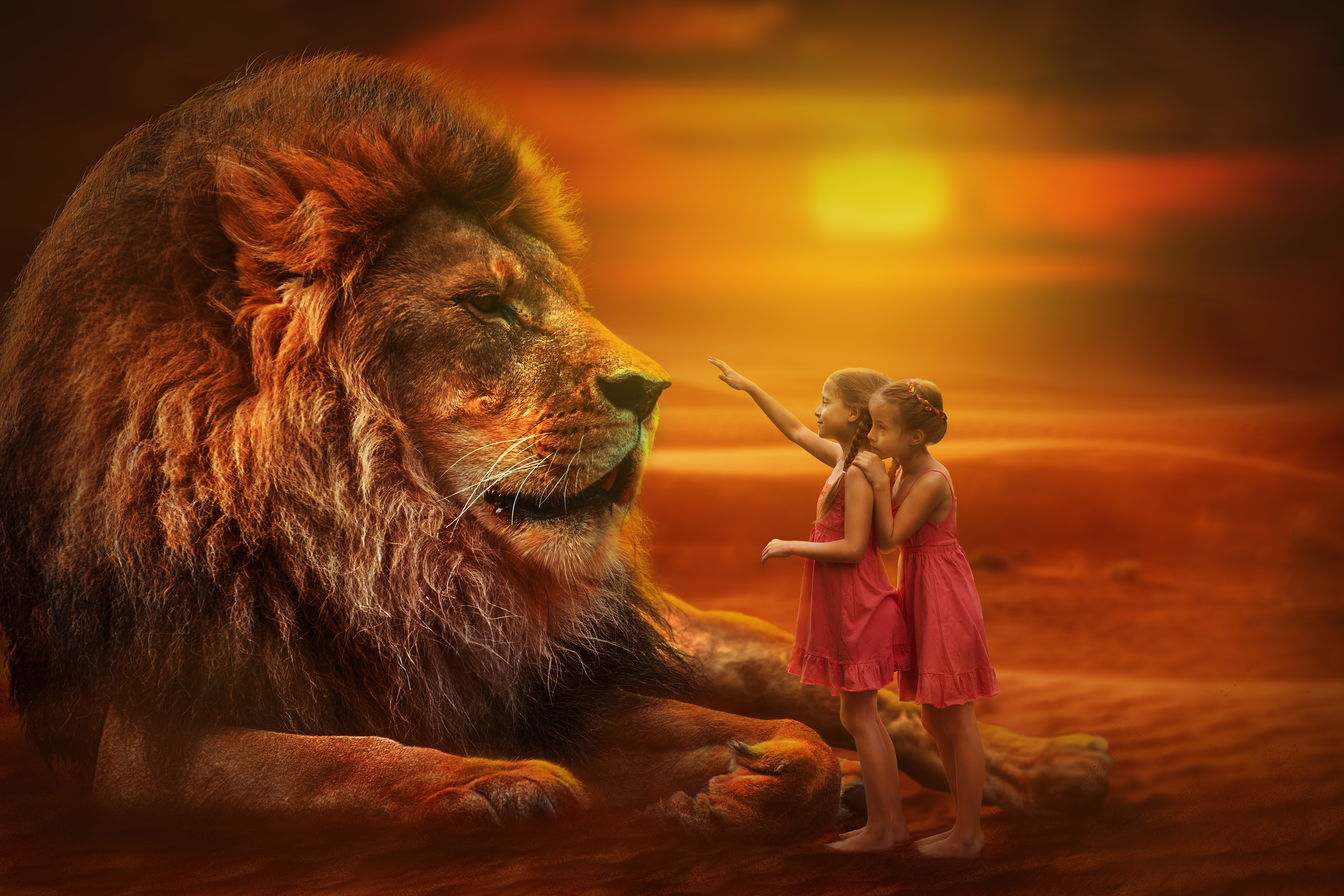 Lion with two little girls at sunset HD Wallpaper