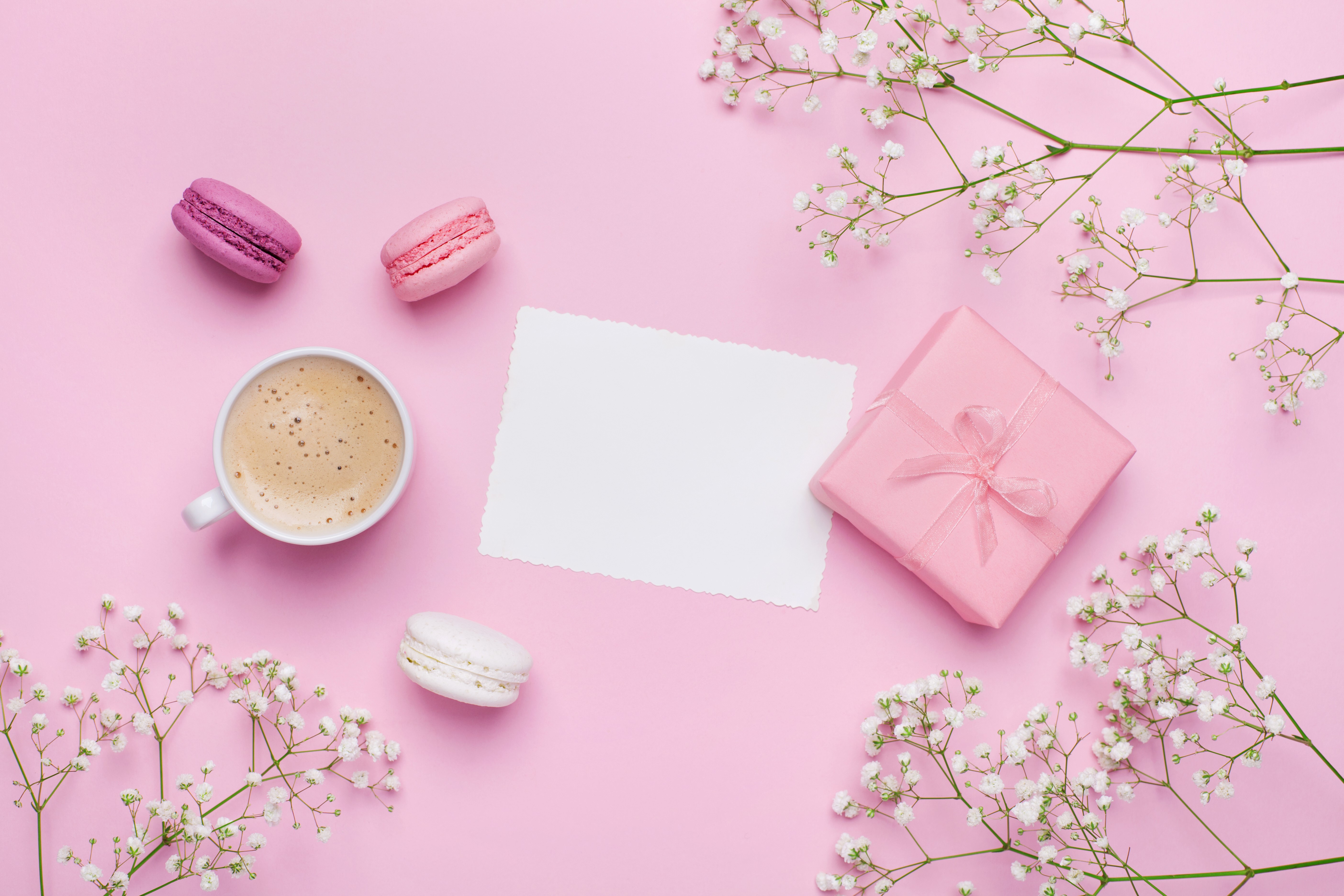 Coffee, macarons, gift, and paper on pink background HD Wallpaper