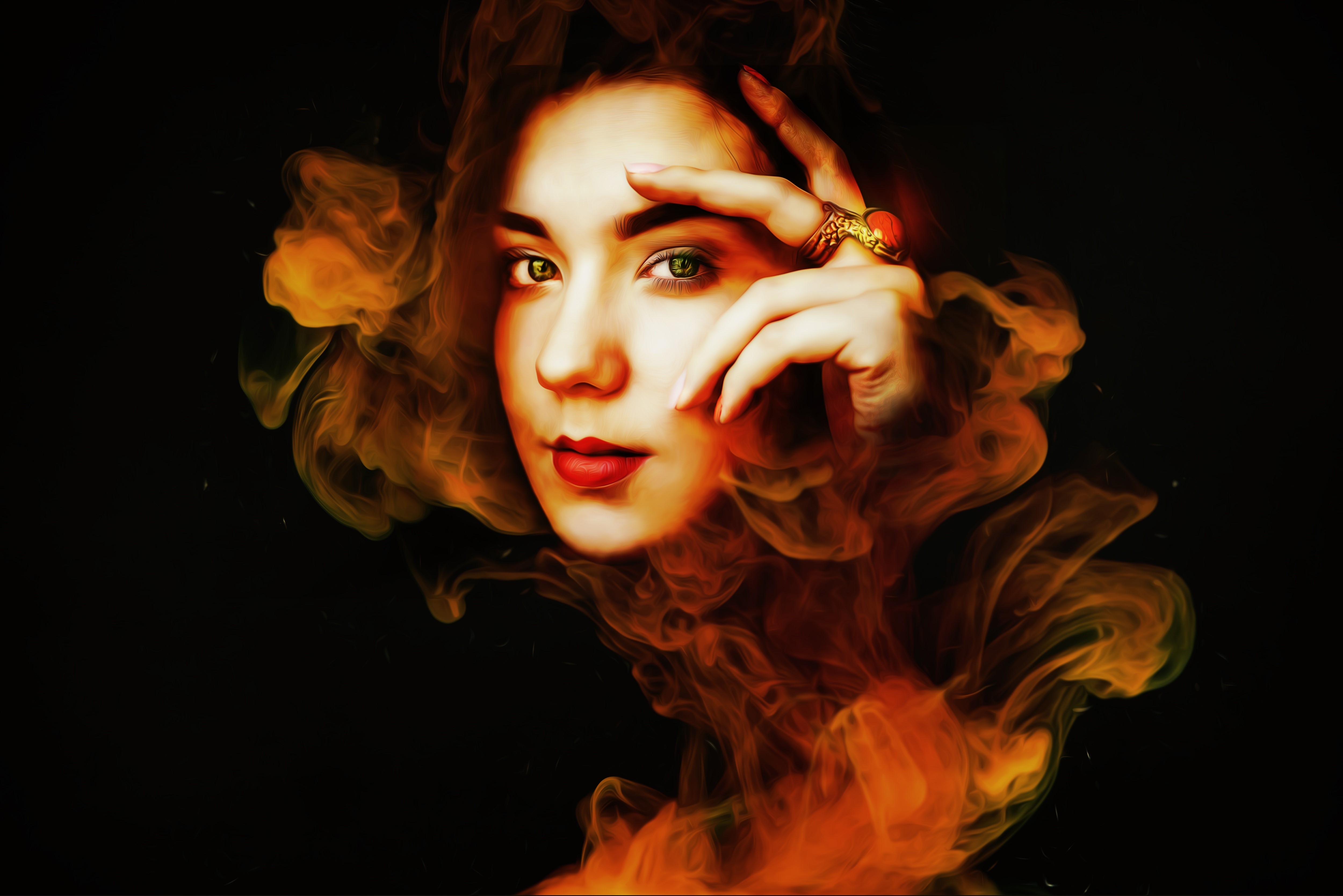 Woman with orange smoke and ring HD Wallpaper