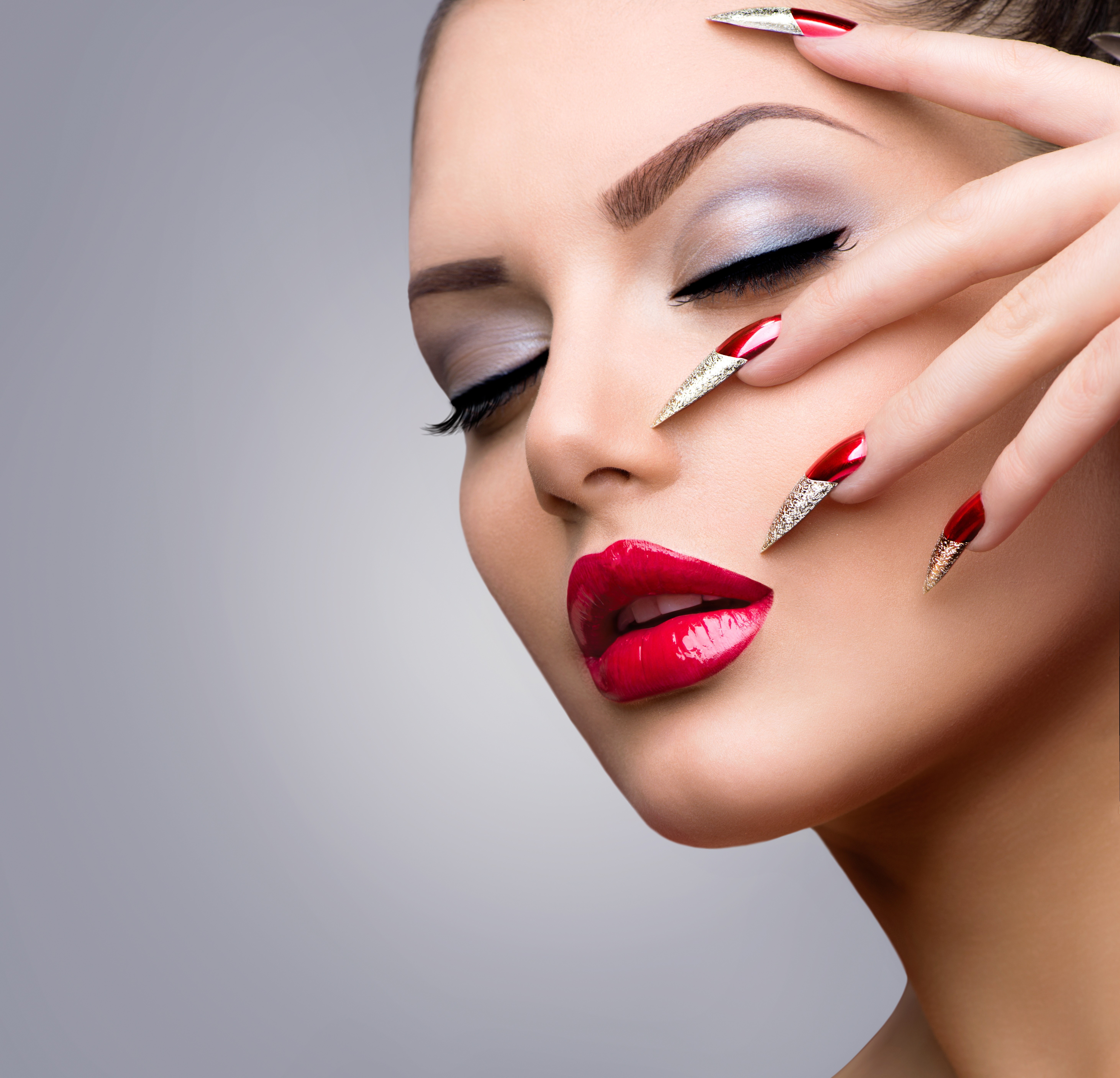 Woman with Red Lips and Glitter Manicure HD Wallpaper