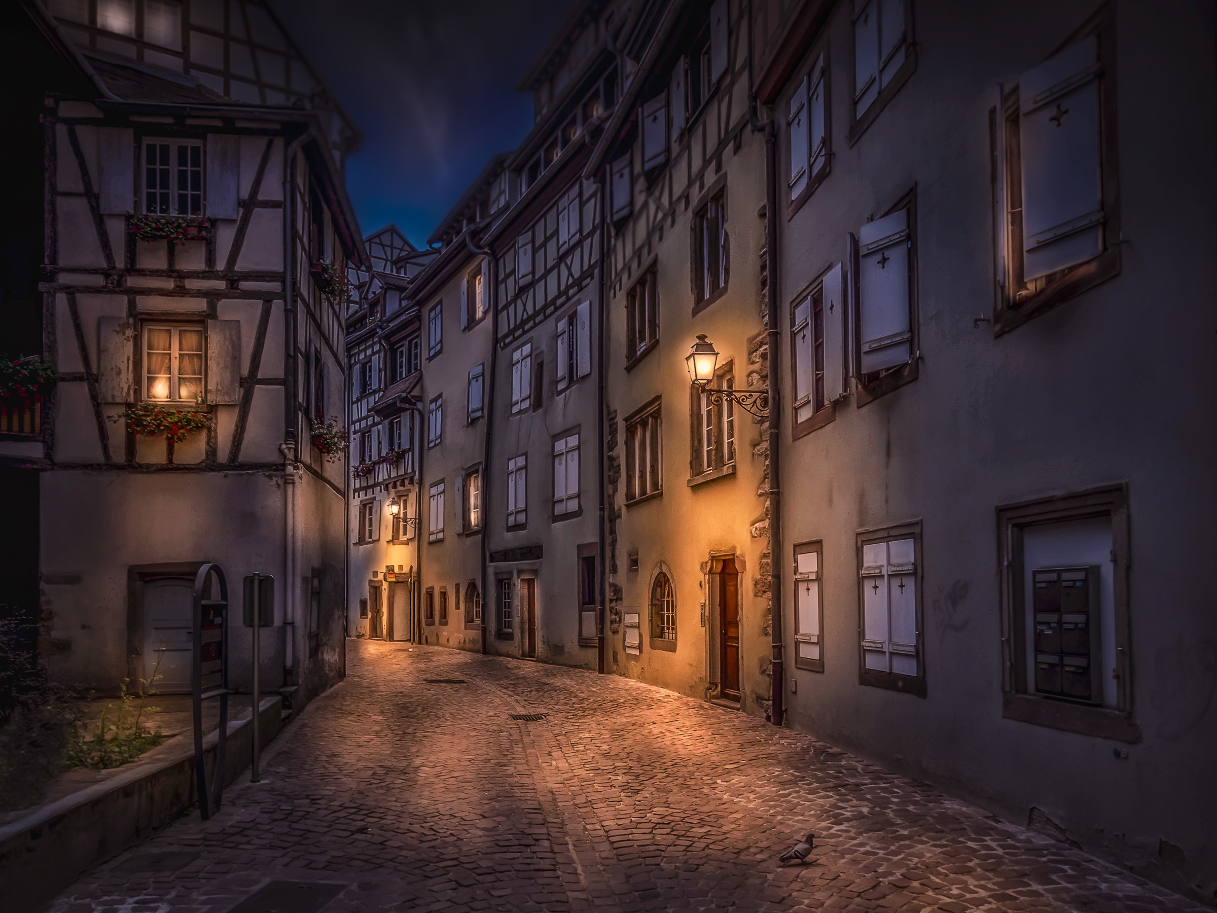 Colmar, France street at night with street lights HD Wallpaper