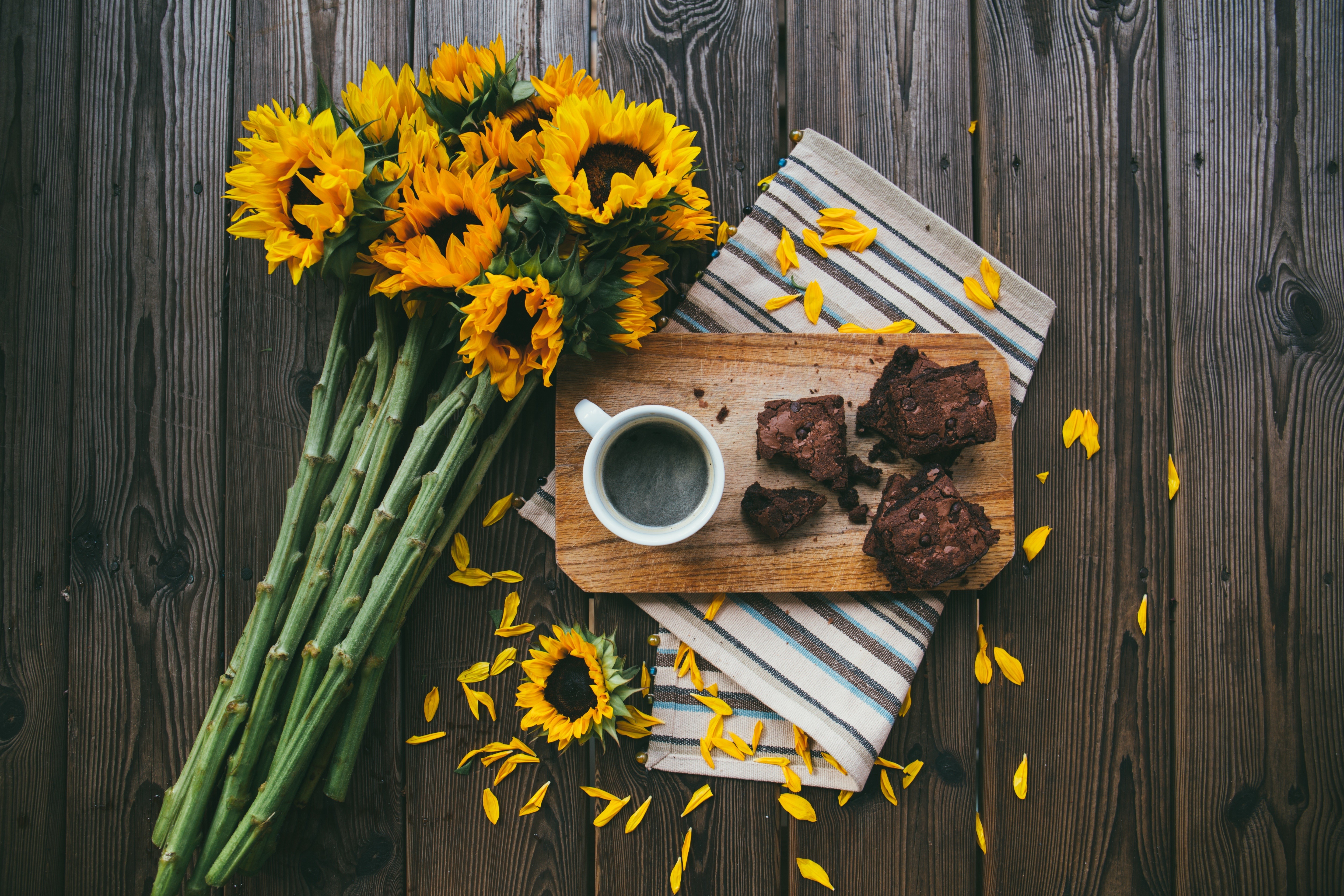 Sunflowers, Coffee, and Brownies on Wood HD Wallpaper