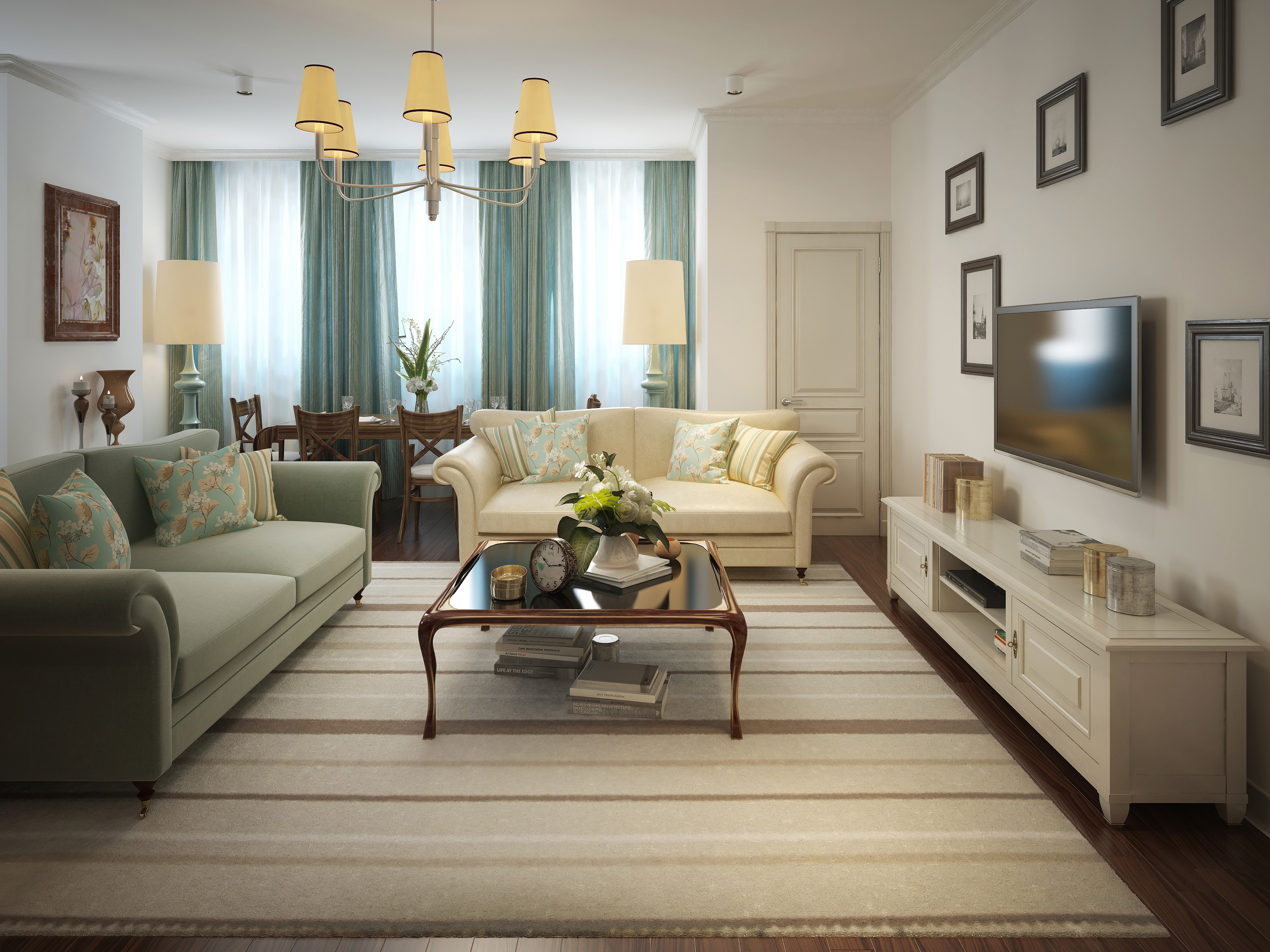Living room with sofas, chandelier, and TV HD Wallpaper