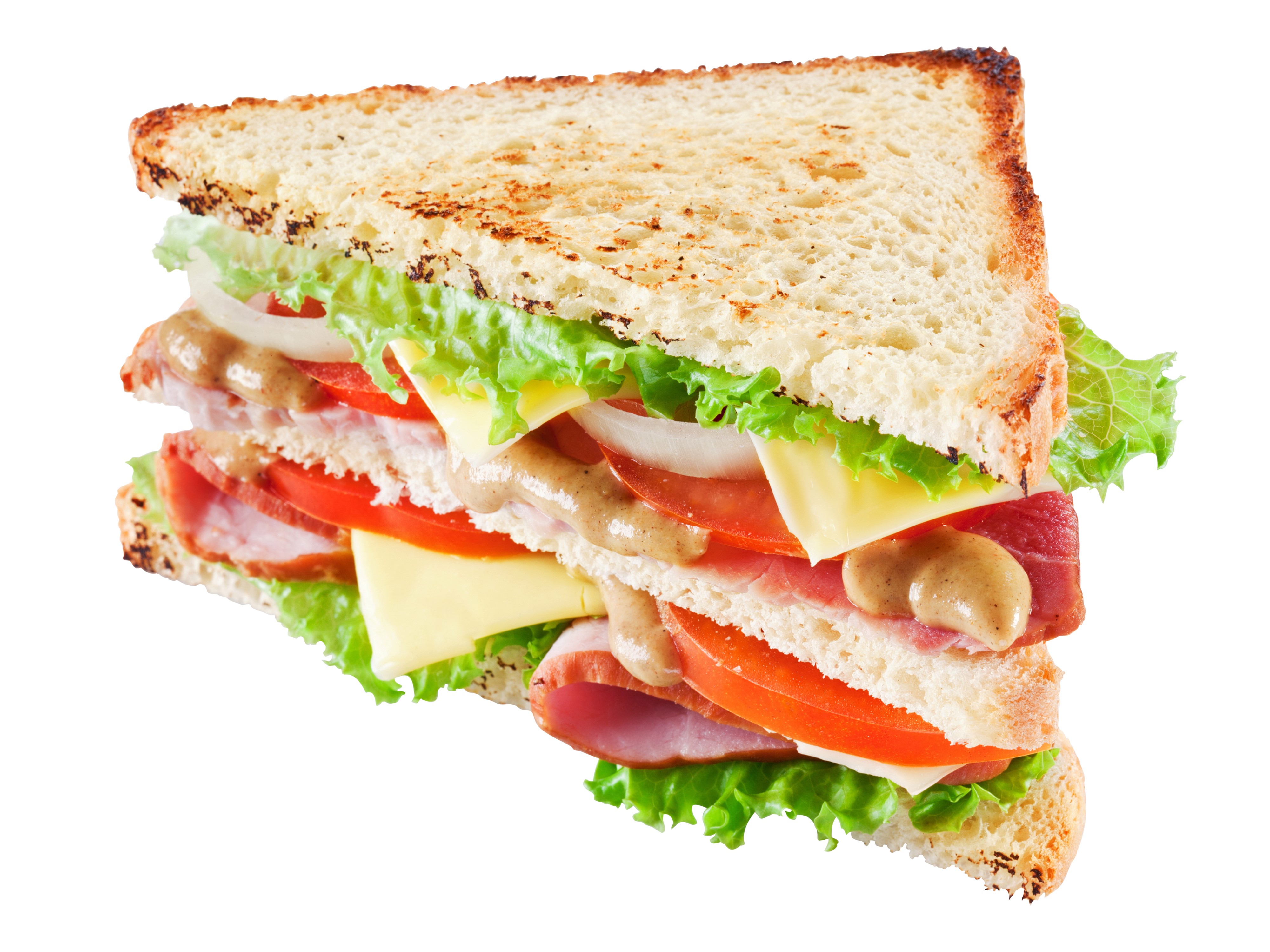4K club sandwich with ham, cheese, tomato, lettuce, onion, and mustard HD Wallpaper