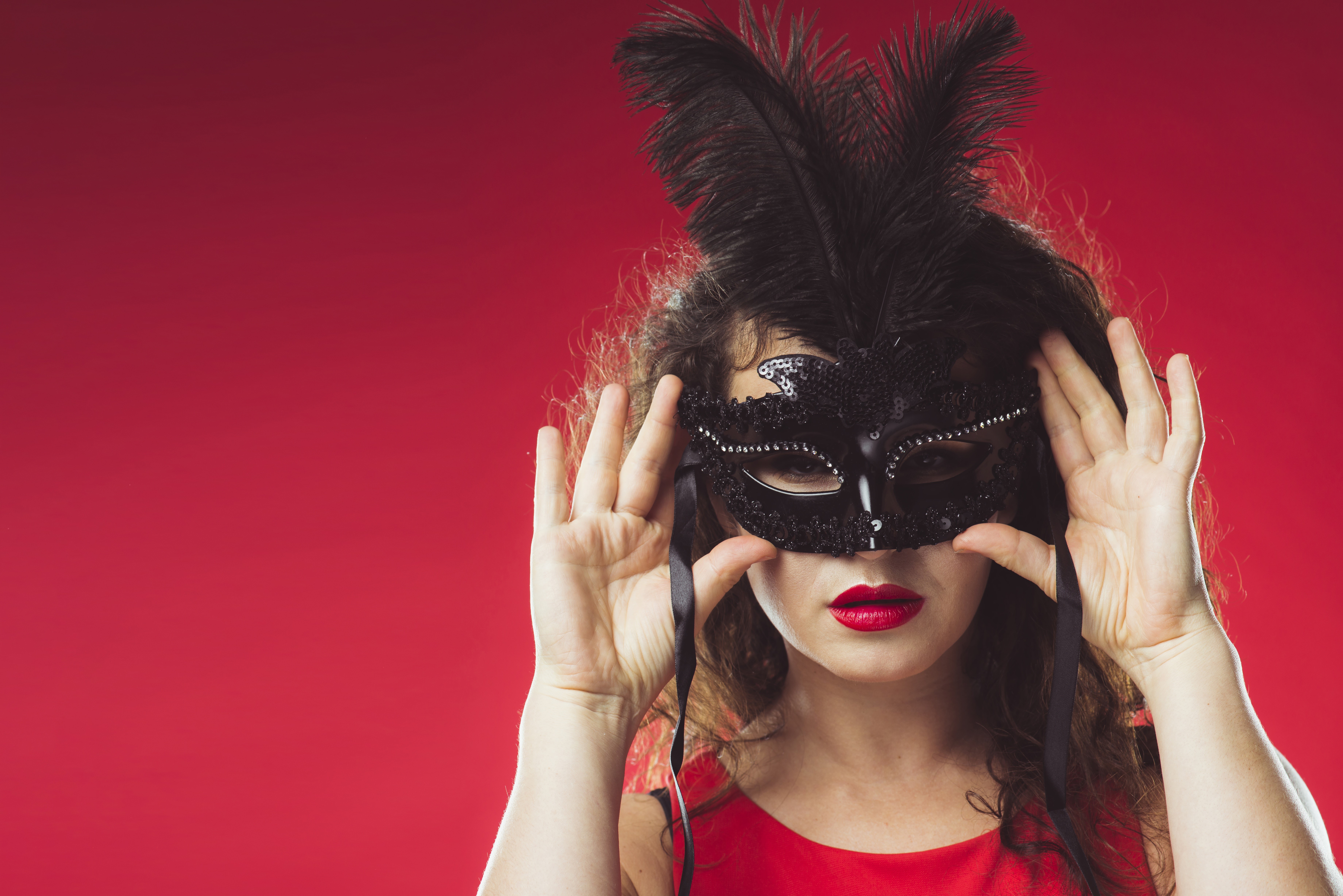 Woman in a black feathered mask HD Wallpaper