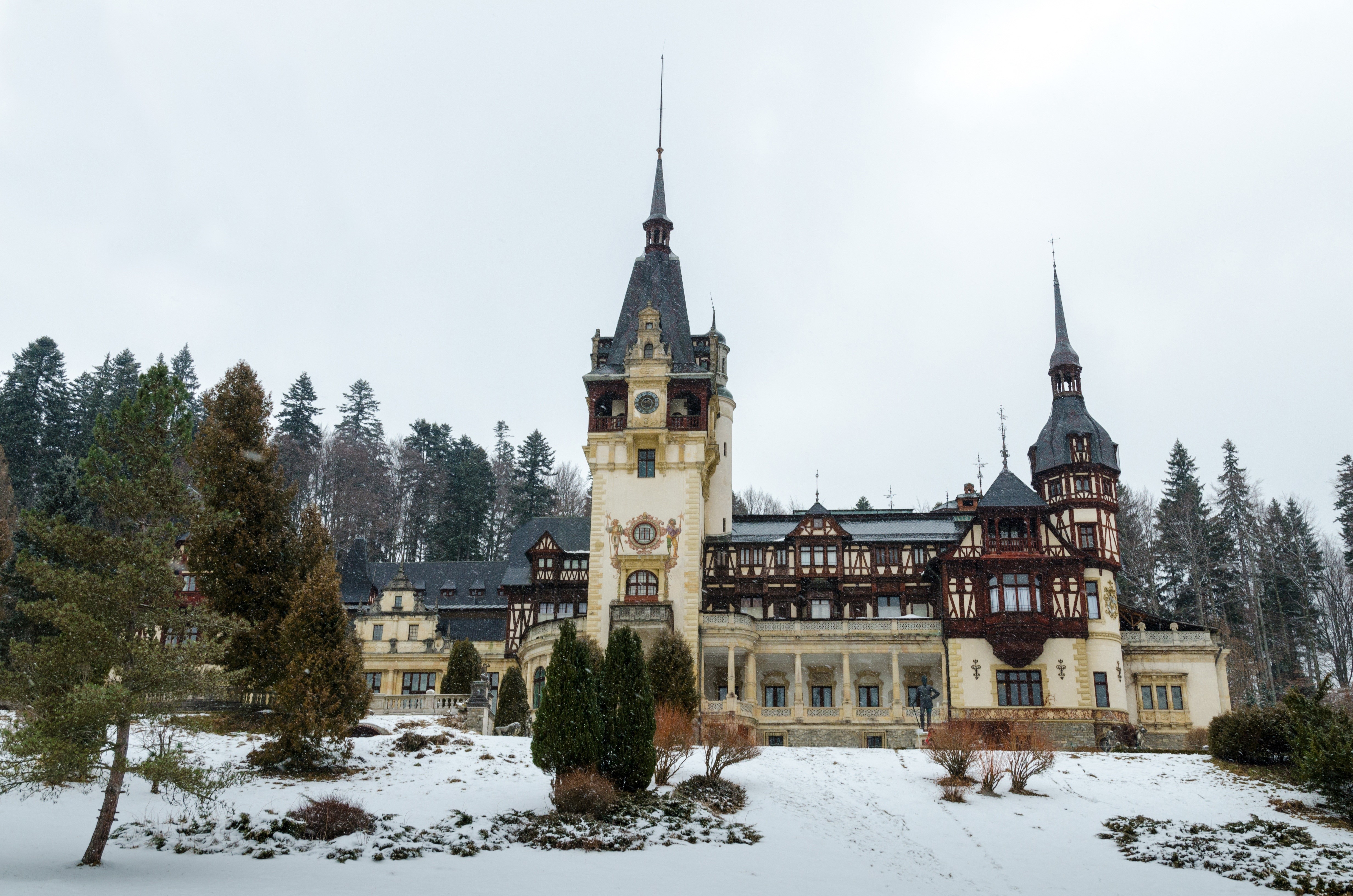 Peles Castle in Romania during winter with snow HD Wallpaper
