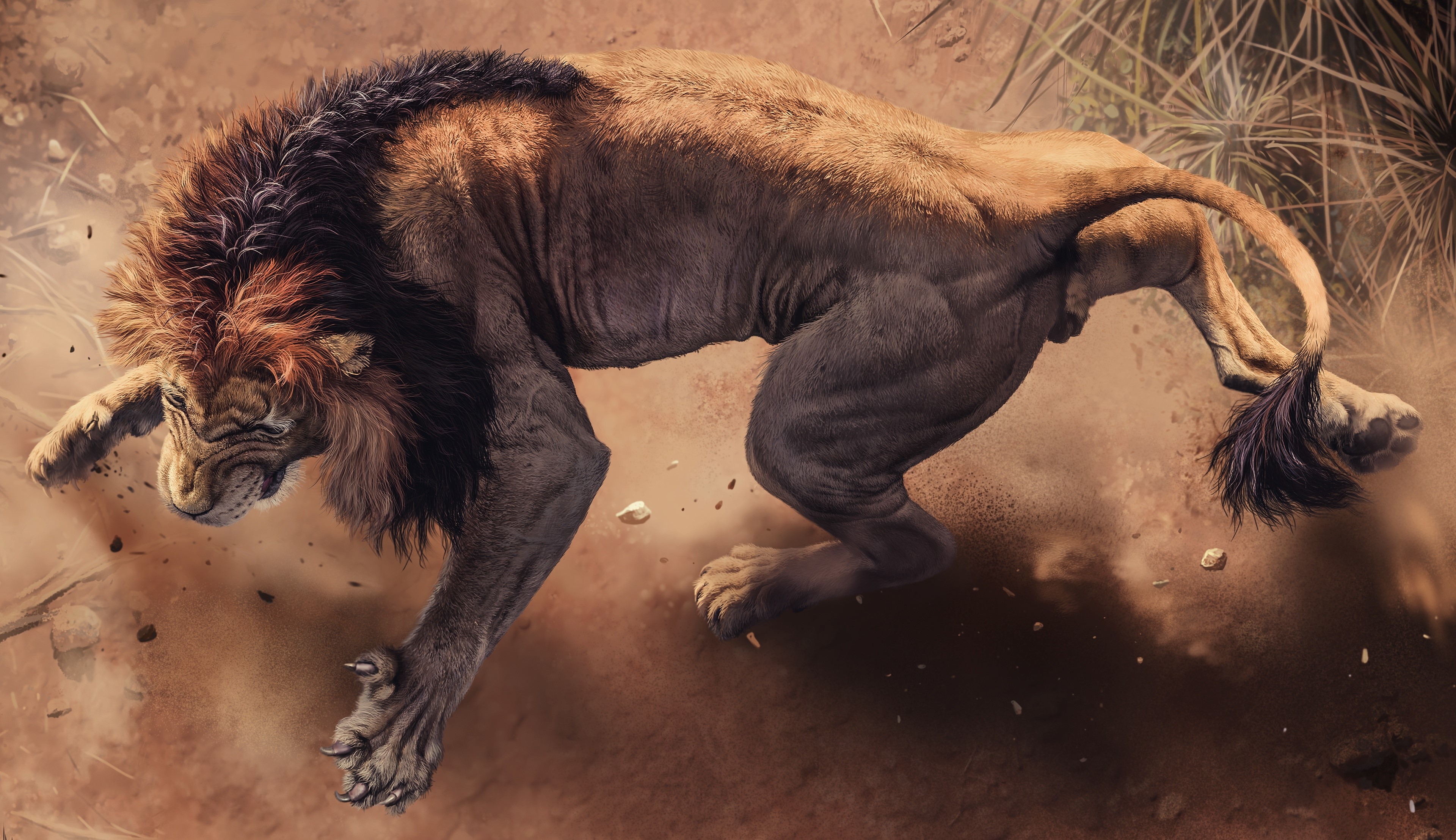 Lion in motion, roaring, dust and dirt HD Wallpaper