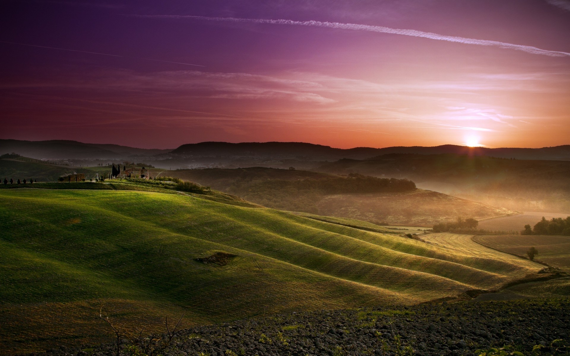 Rolling hills at sunset with a farmhouse HD Wallpaper