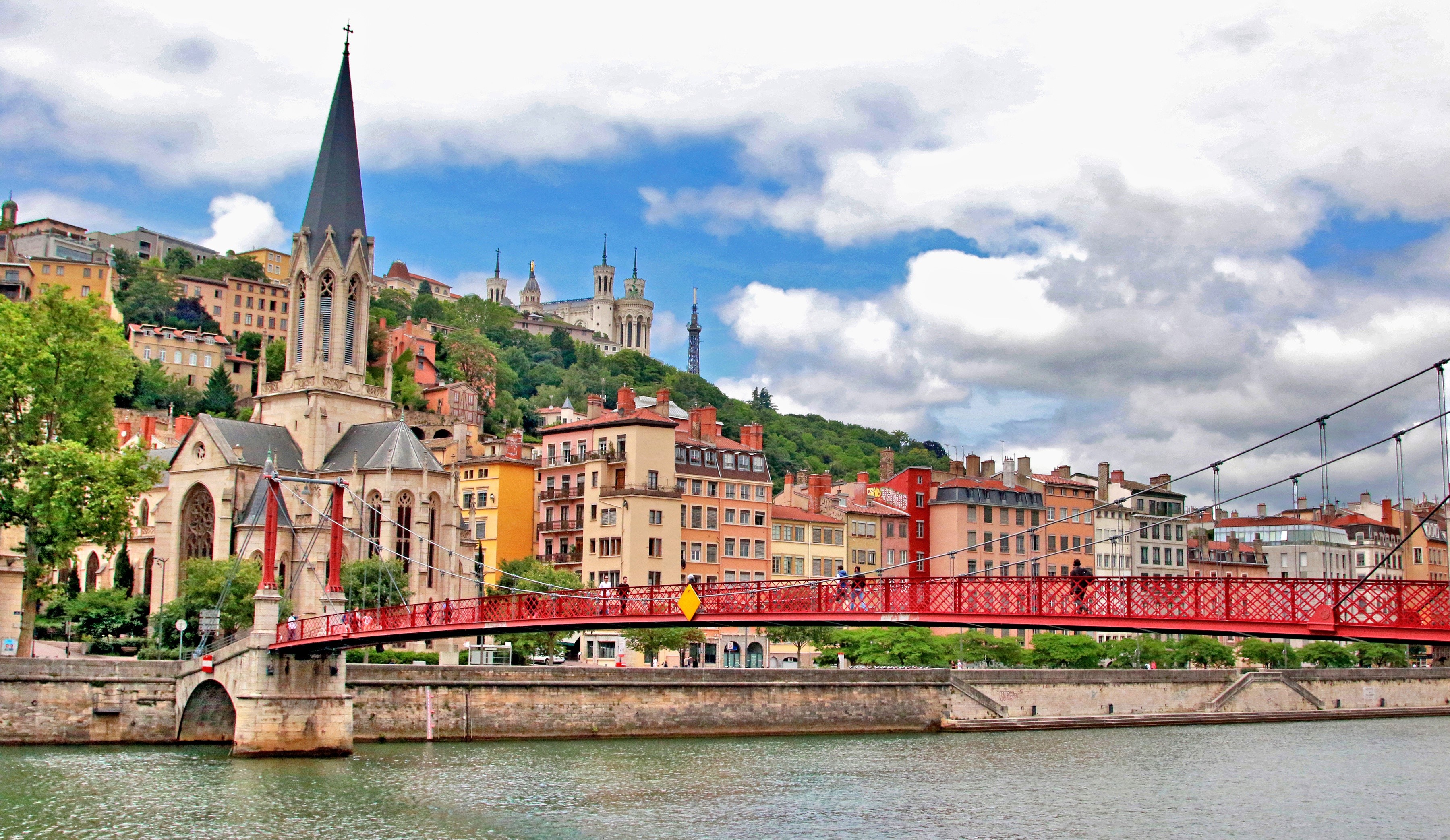 Saint-Georges Bridge and Fourvière Hill in Lyon, France HD Wallpaper