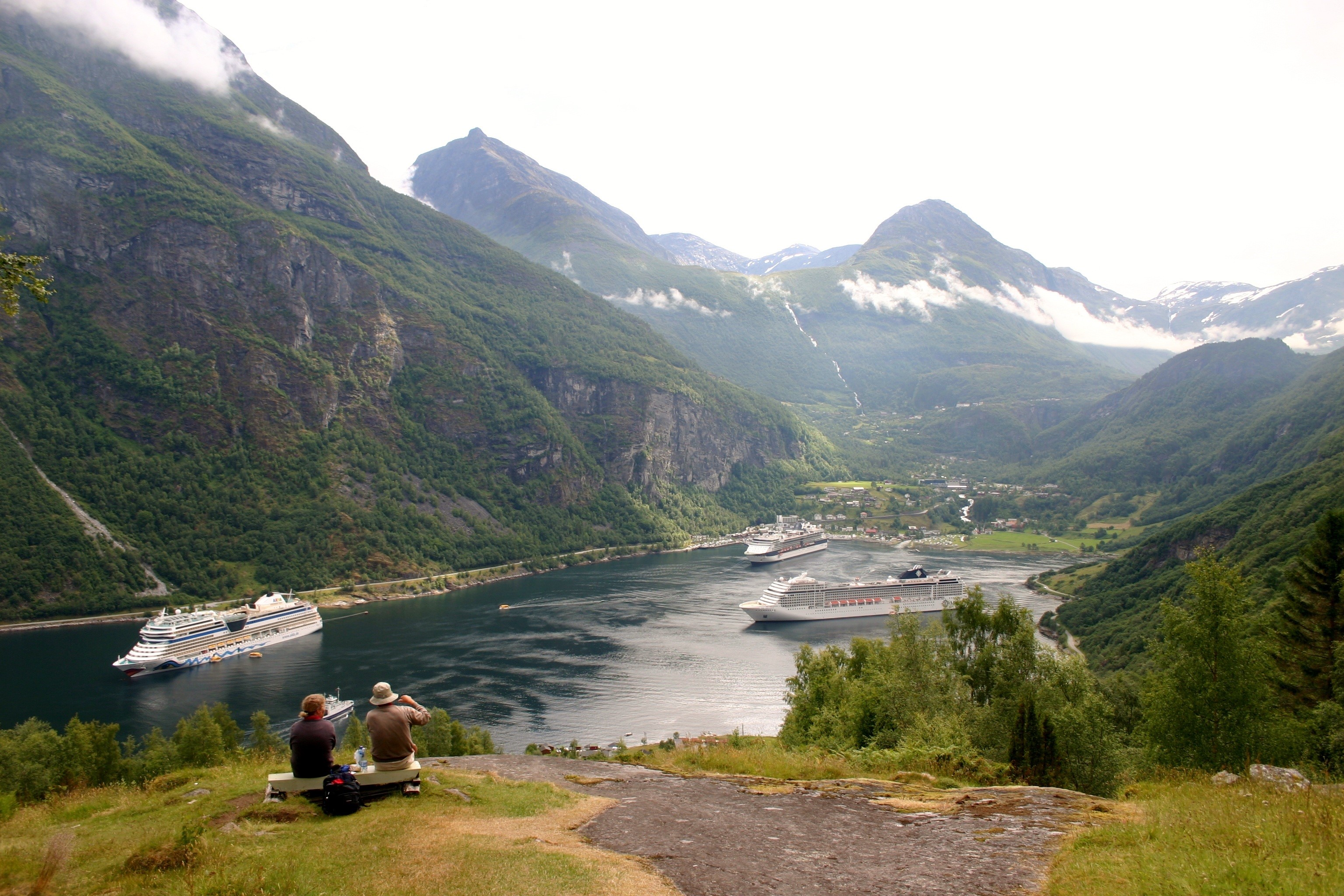 Cruise ships in Geiranger Fjord, Norway HD Wallpaper