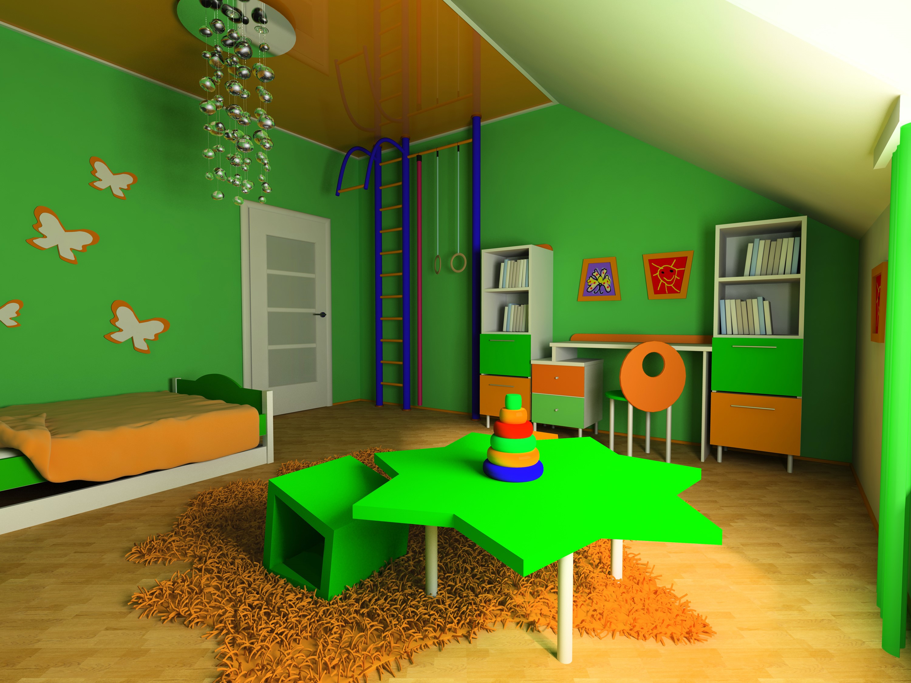 Children's room interior design with furniture and toys HD Wallpaper