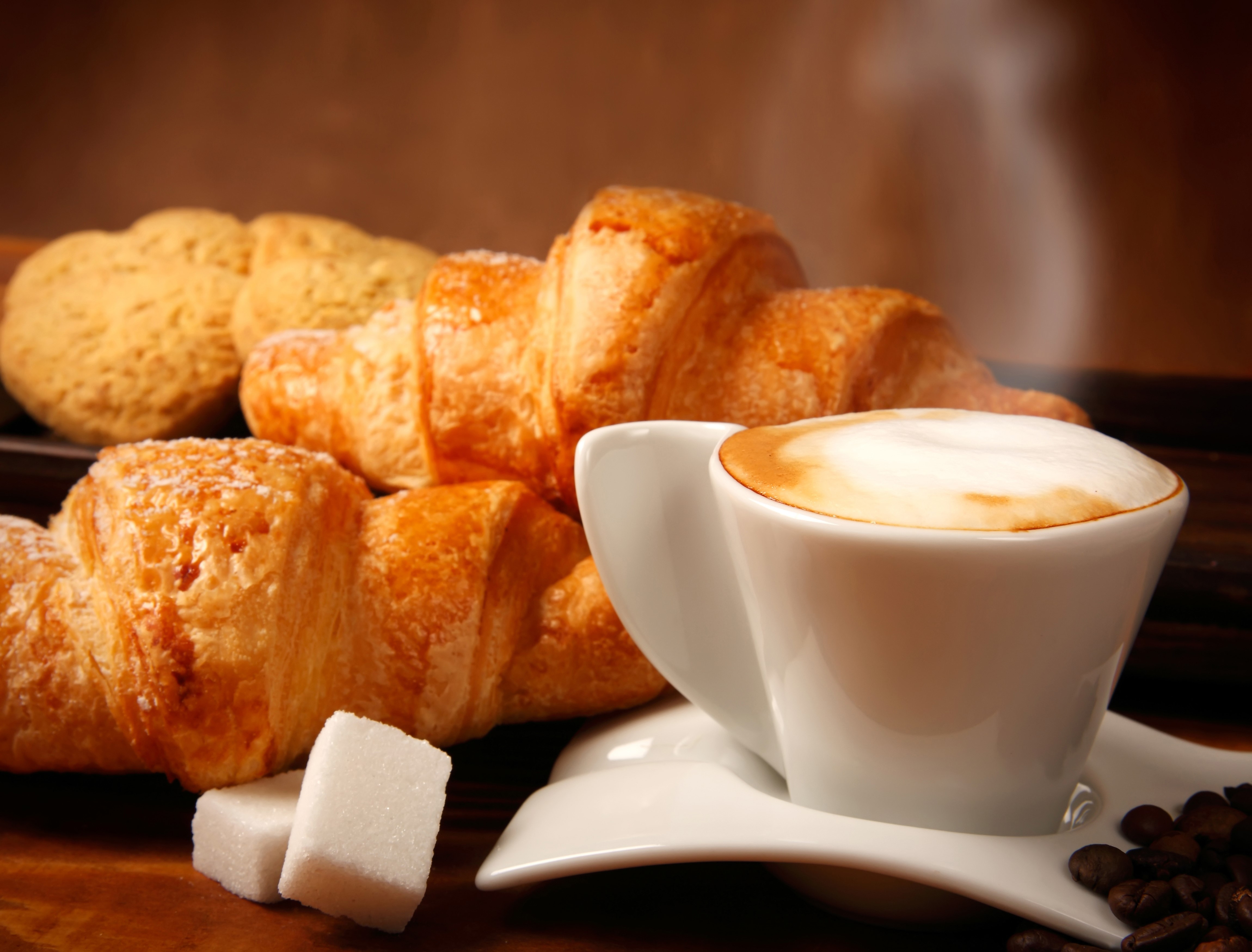 Cappuccino with Croissants and Sugar Cubes HD Wallpaper