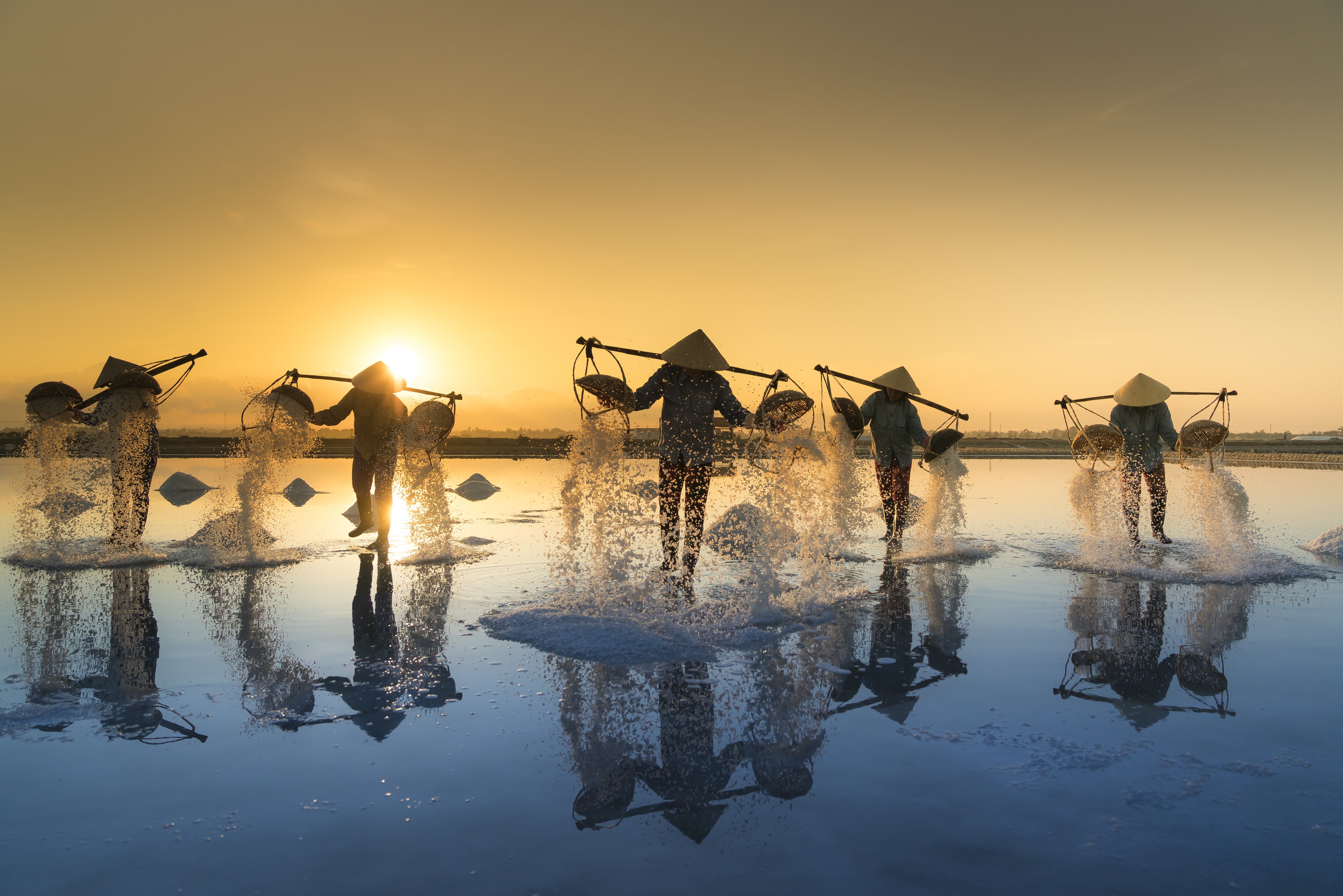 Salt workers carrying salt at sunrise in Vietnam HD Wallpaper