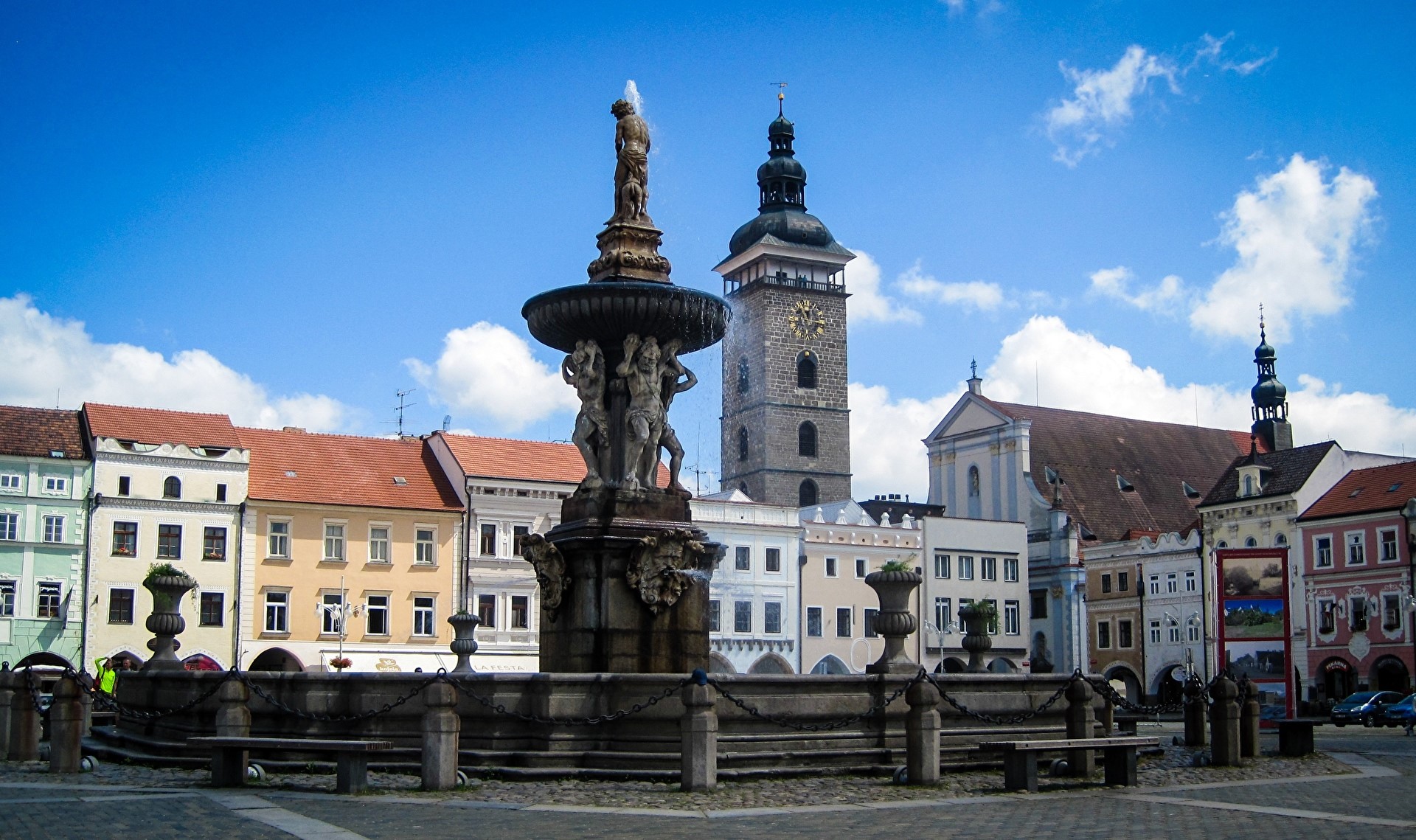 Fountain and historic buildings in Budweis, Czech Republic HD Wallpaper