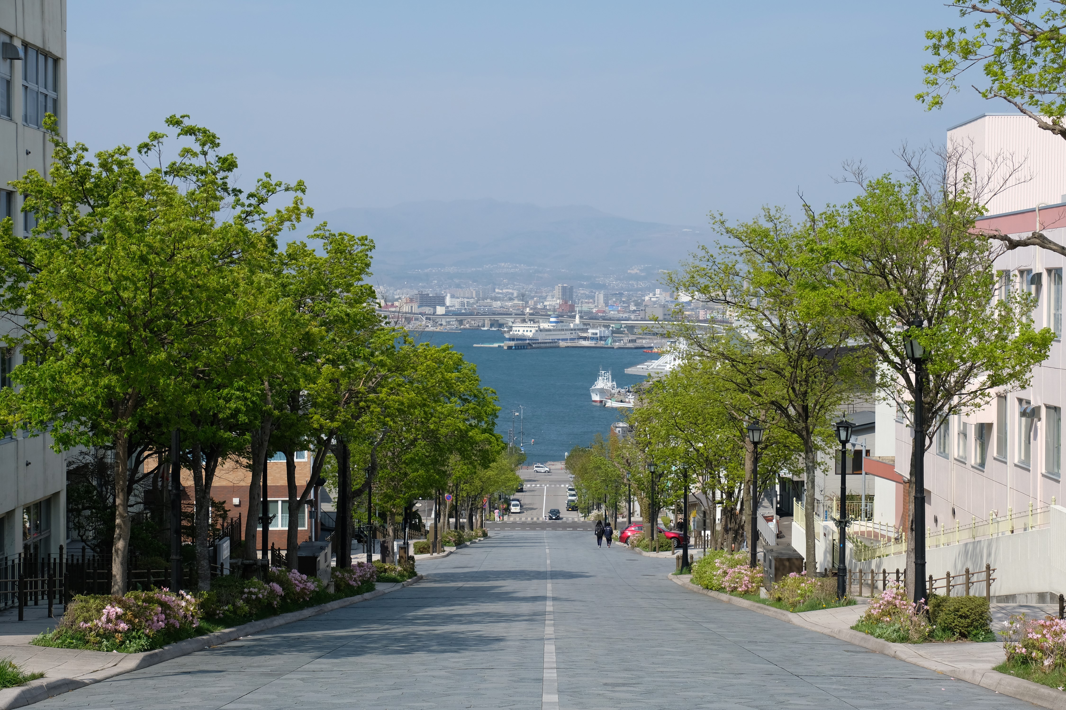Street view of Hakodate, Japan with a harbor in the background HD Wallpaper