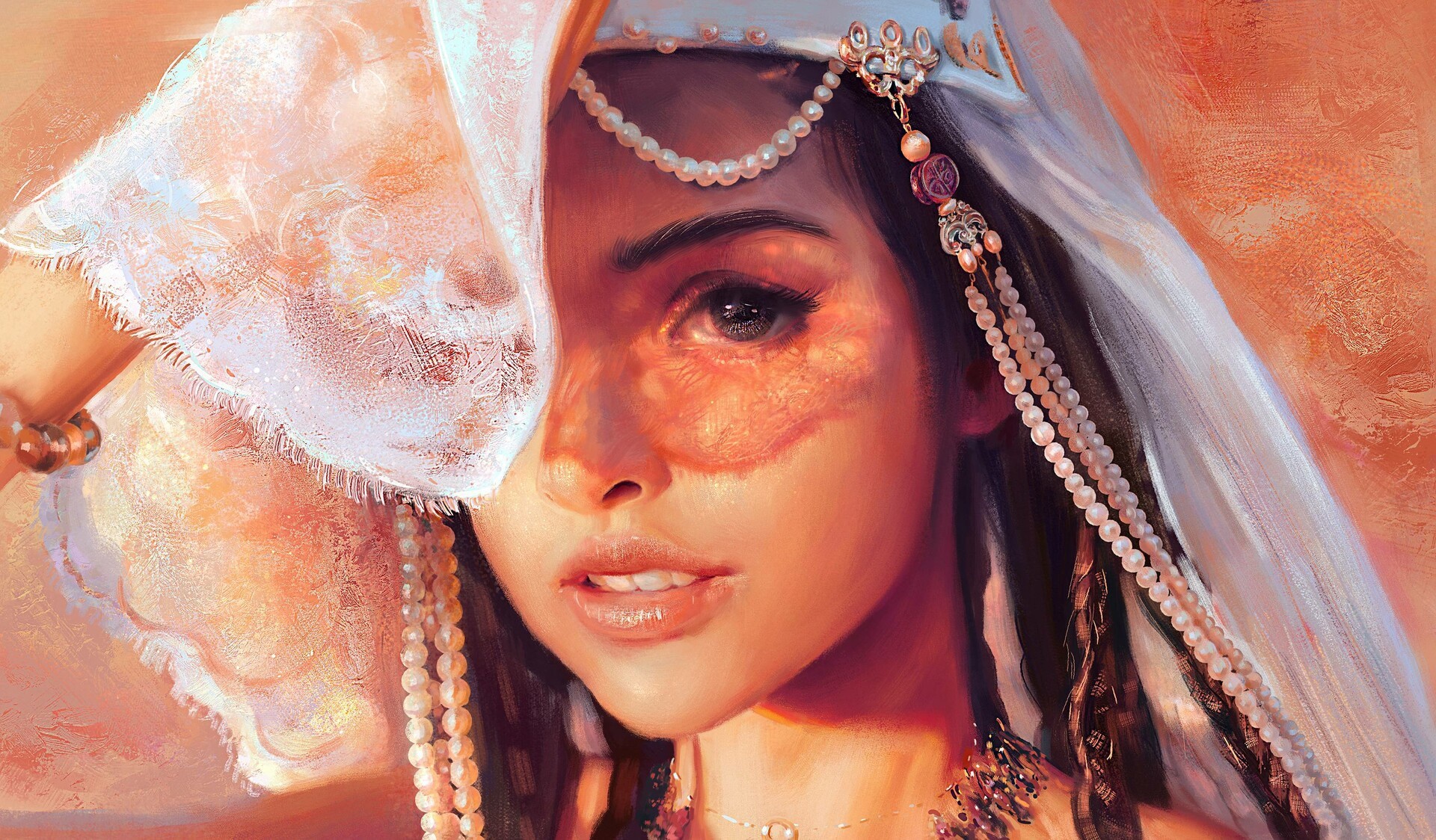Portrait of a Woman Wearing Pearls and Veil HD Wallpaper