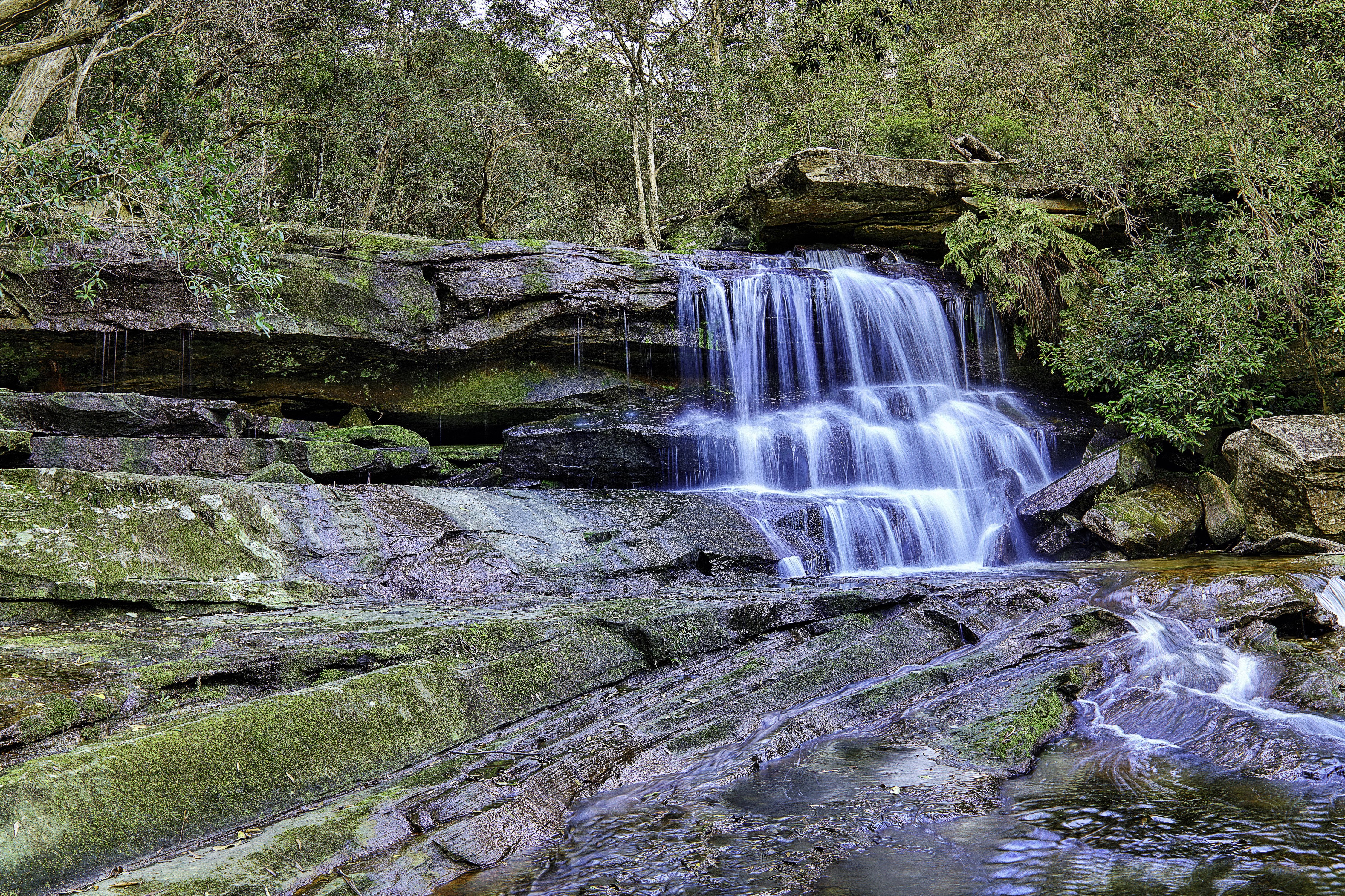 Waterfall cascading over mossy rocks in a forest HD Wallpaper