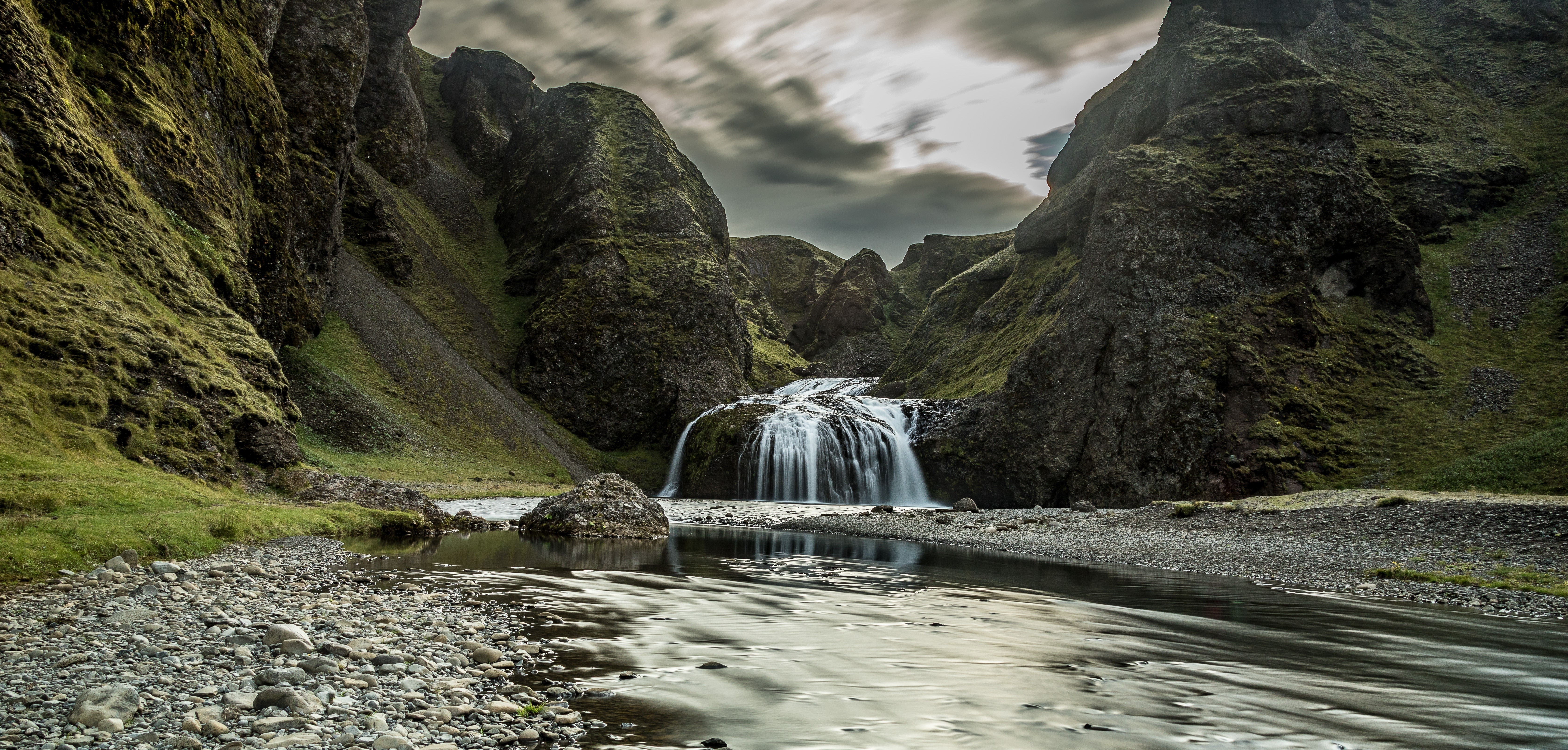 Waterfall in a rocky canyon with a river HD Wallpaper