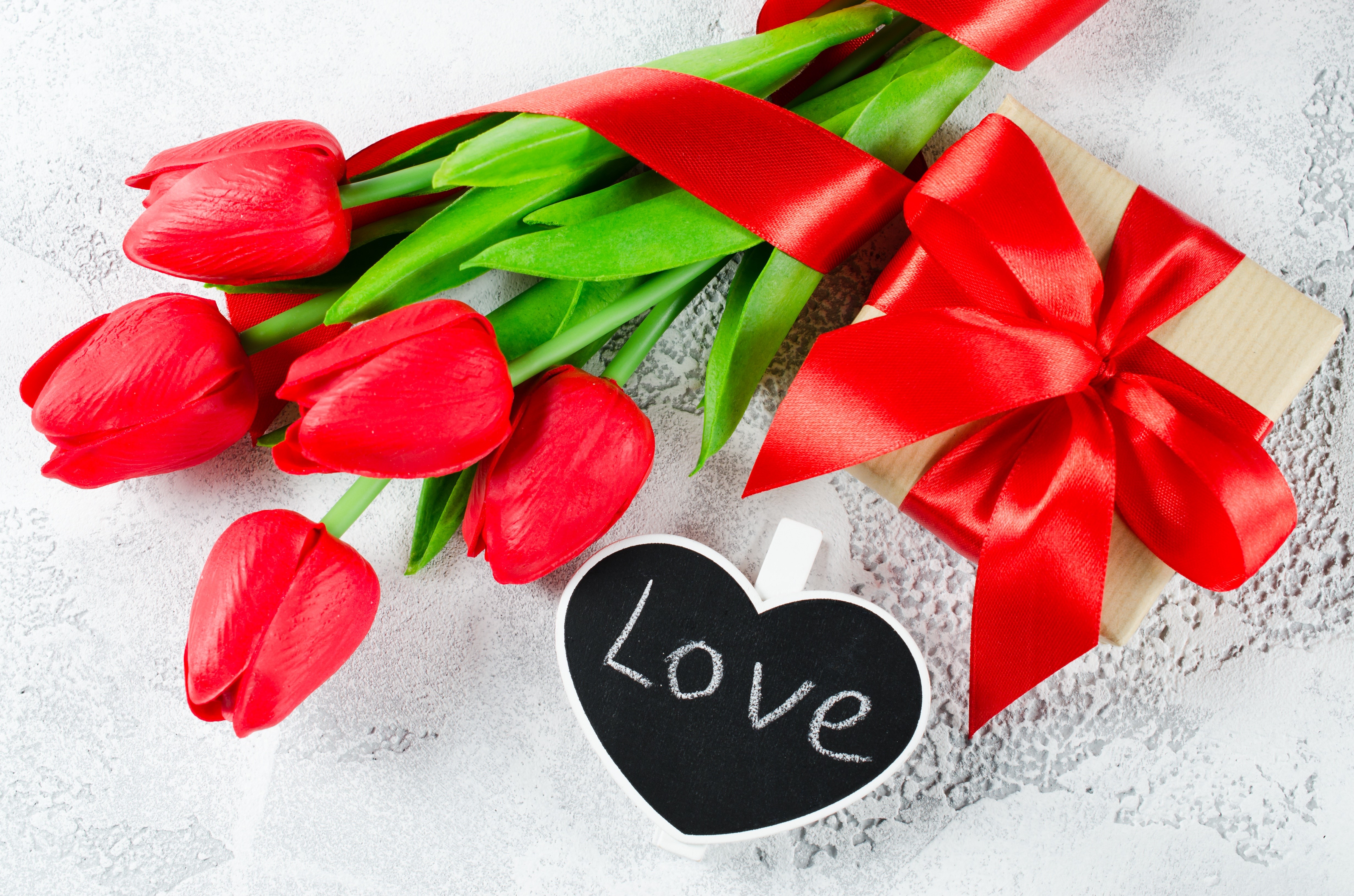 Red Tulips with Gift and Love Heart HD Wallpaper