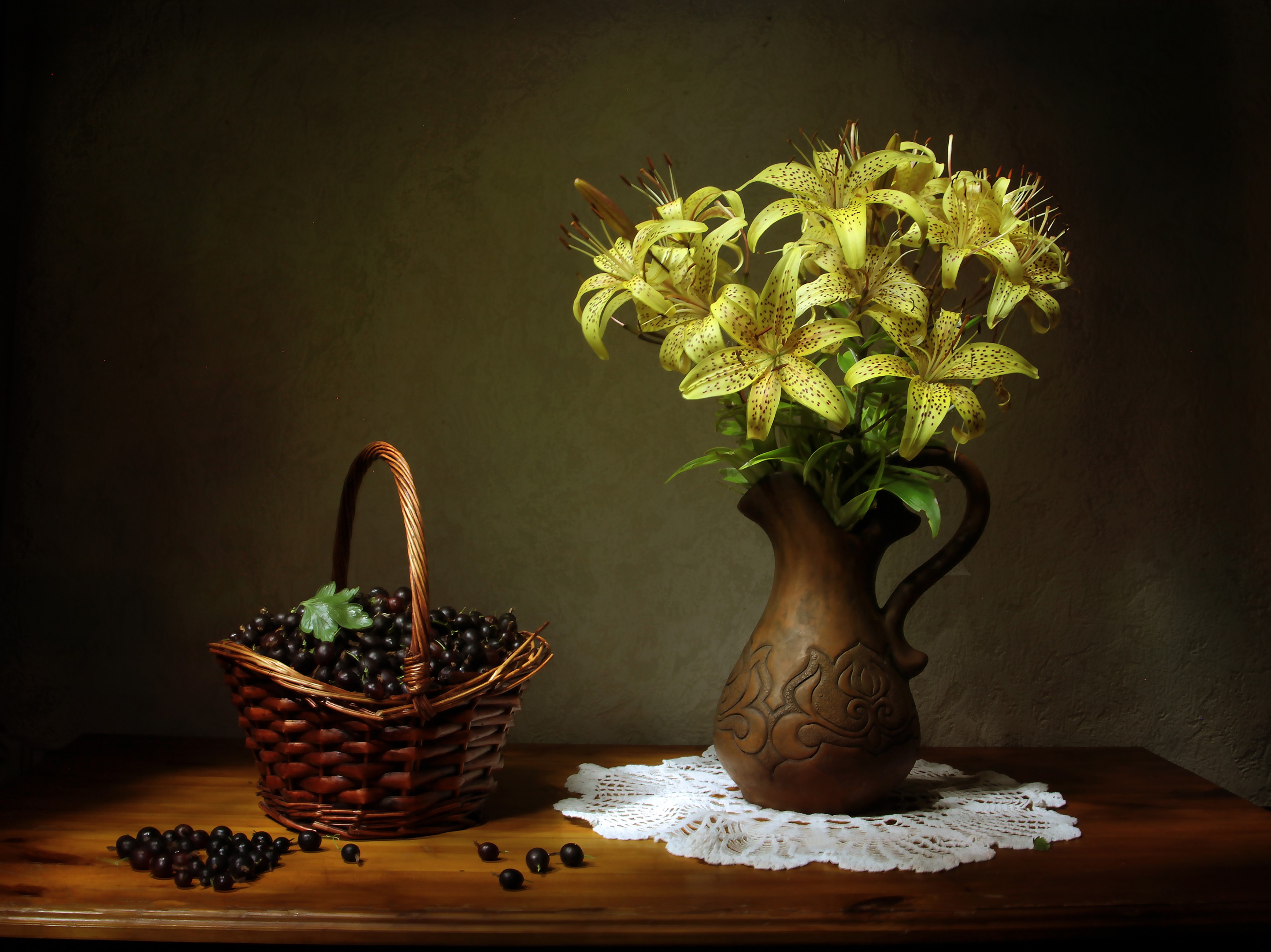 Still-life with yellow lilies and currants in a basket HD Wallpaper