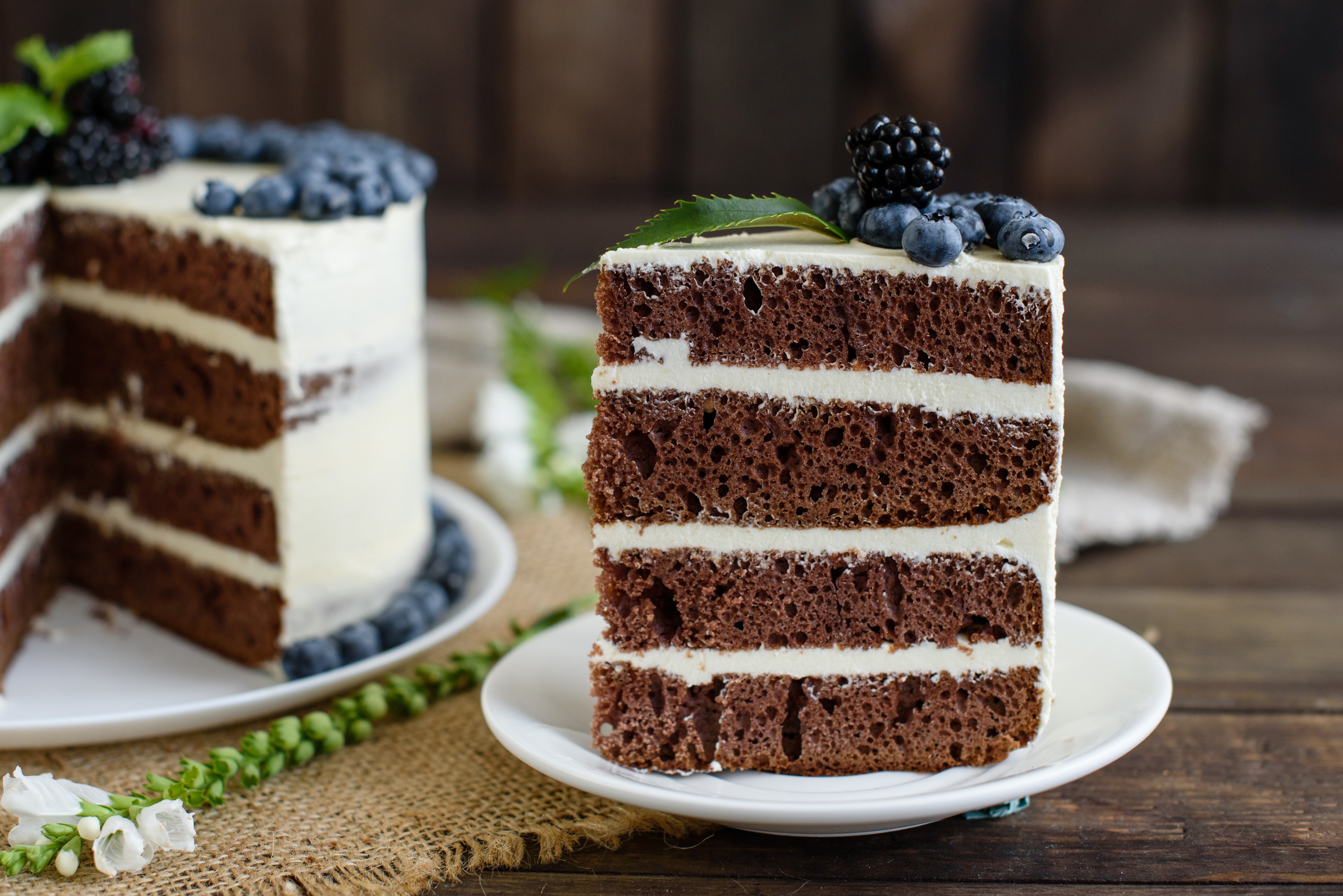 Chocolate cake with white cream and berries HD Wallpaper