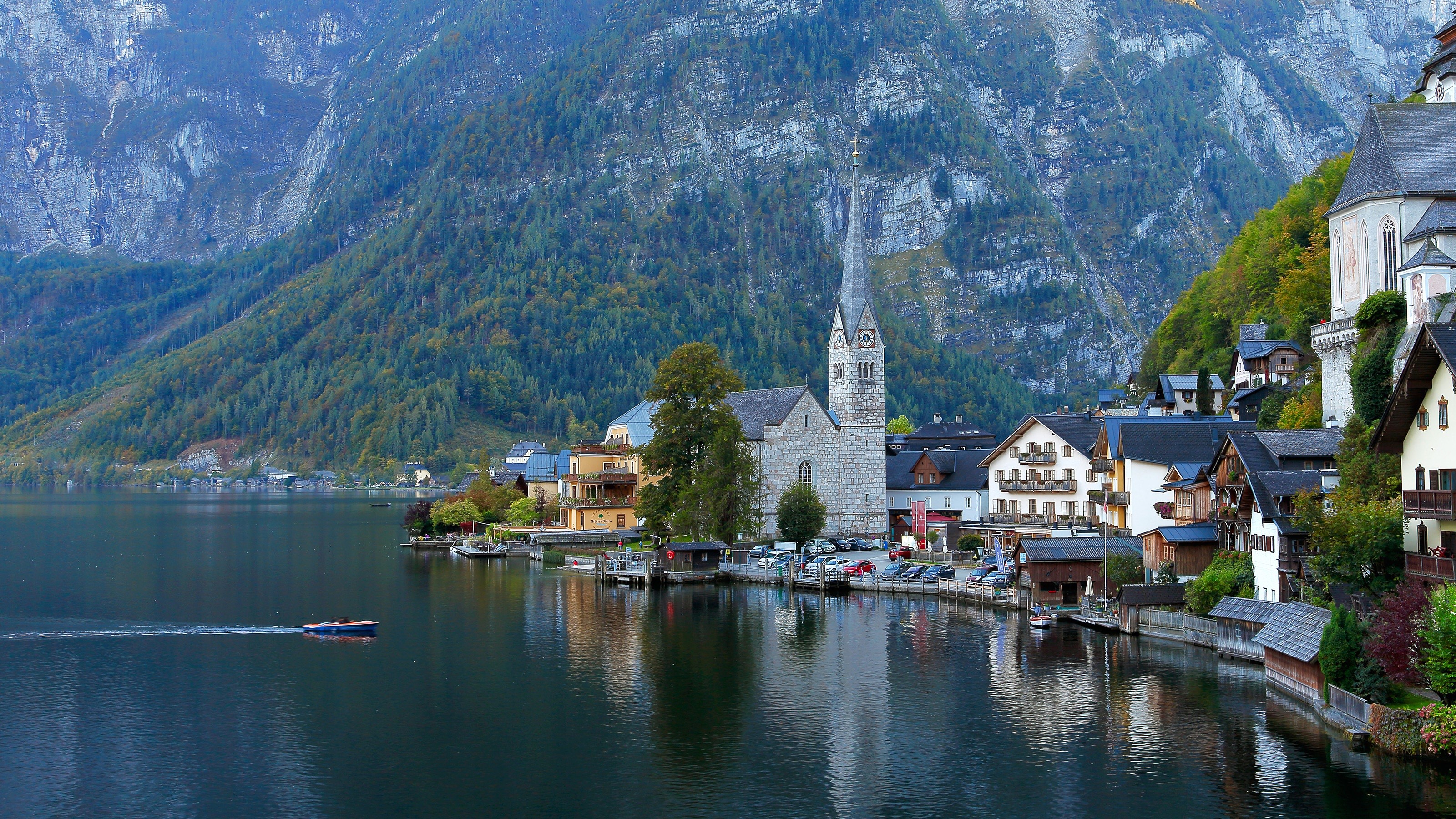Hallstatt Austria with Lake and Mountains HD Wallpaper