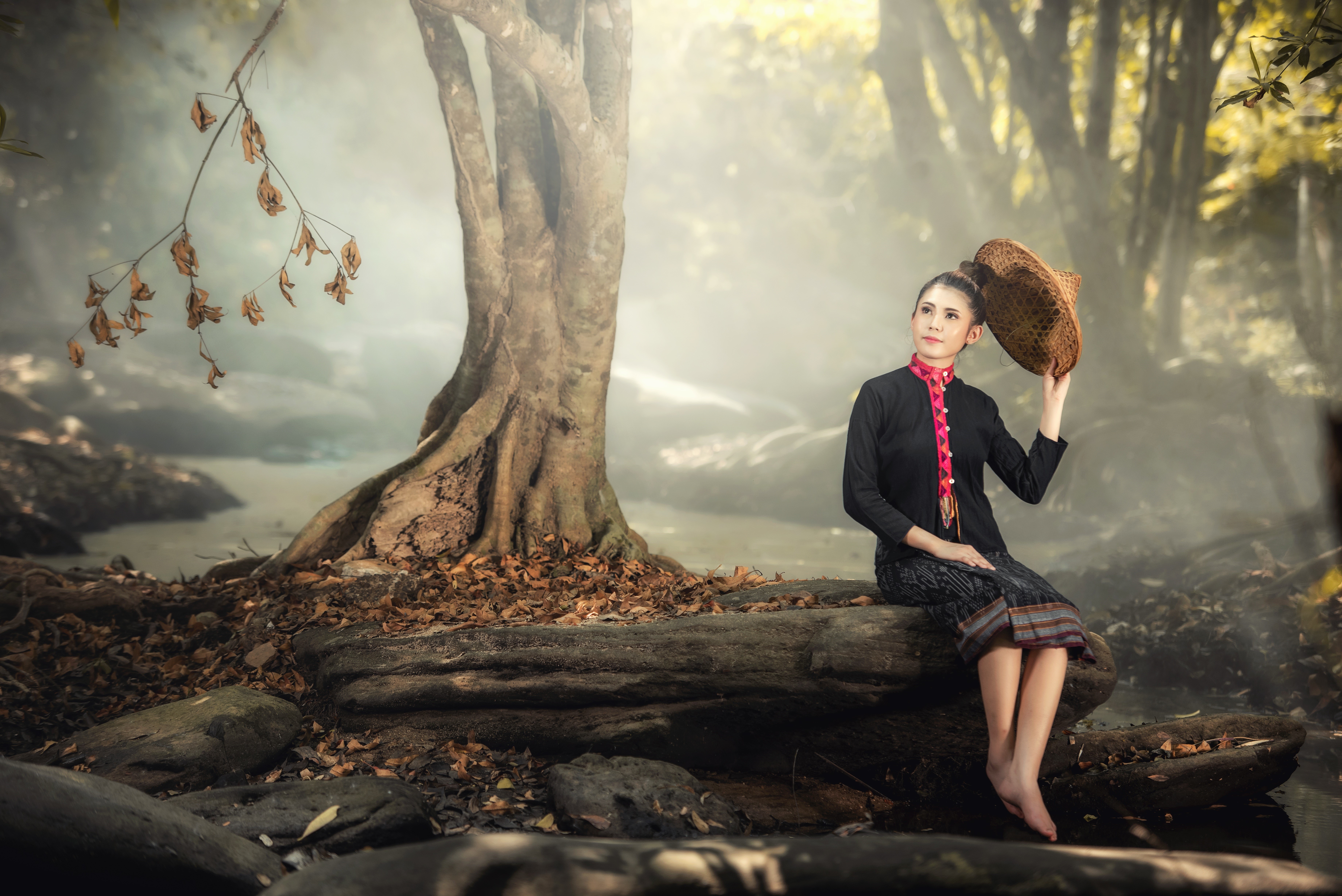 Woman in traditional clothing sitting by a tree HD Wallpaper
