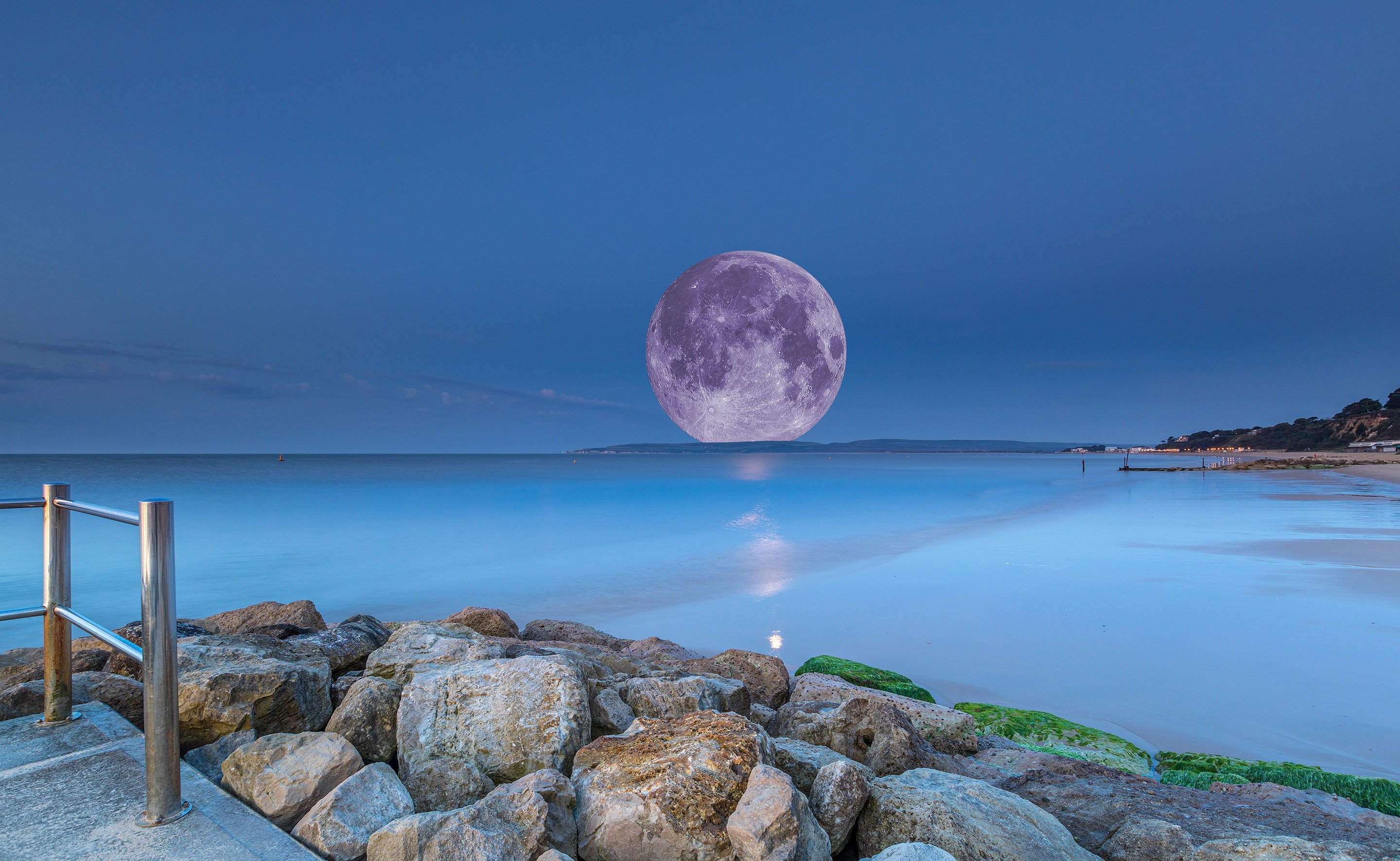 Full moon over the sea at dusk with rocks HD Wallpaper