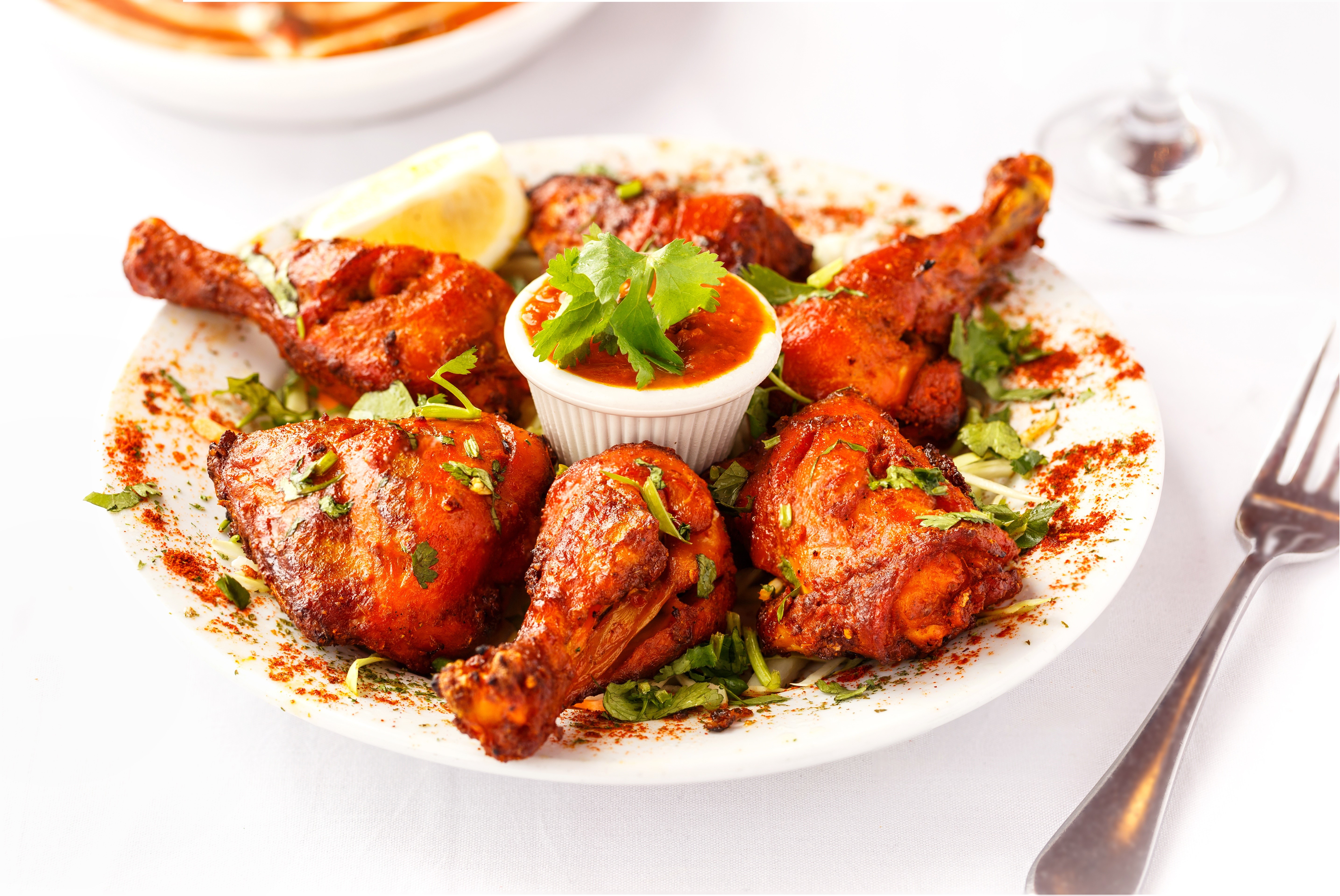 Spicy Tandoori Chicken with Sauce and Lemon HD Wallpaper