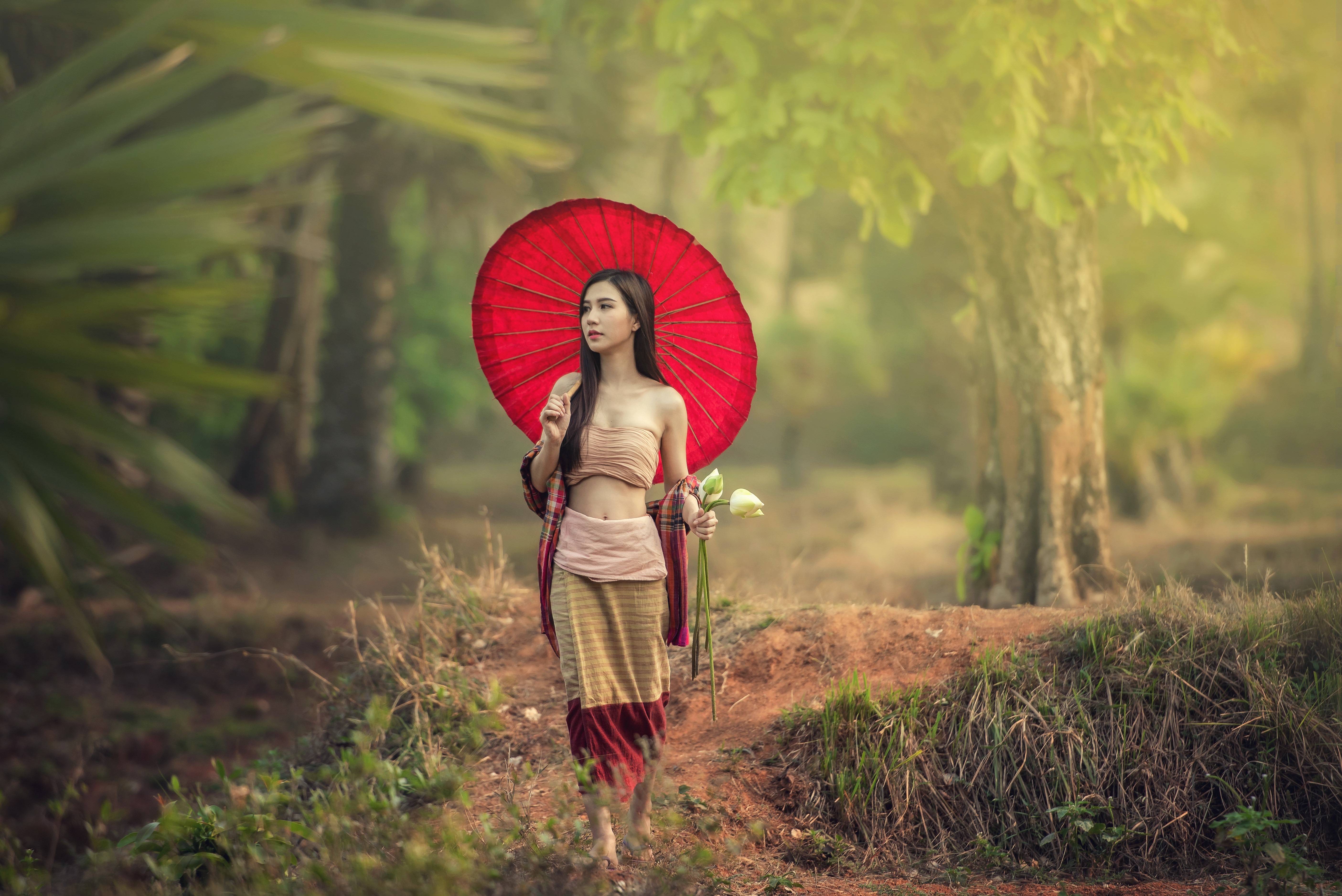 4K Asian Woman Strolling with Red Umbrella HD Wallpaper