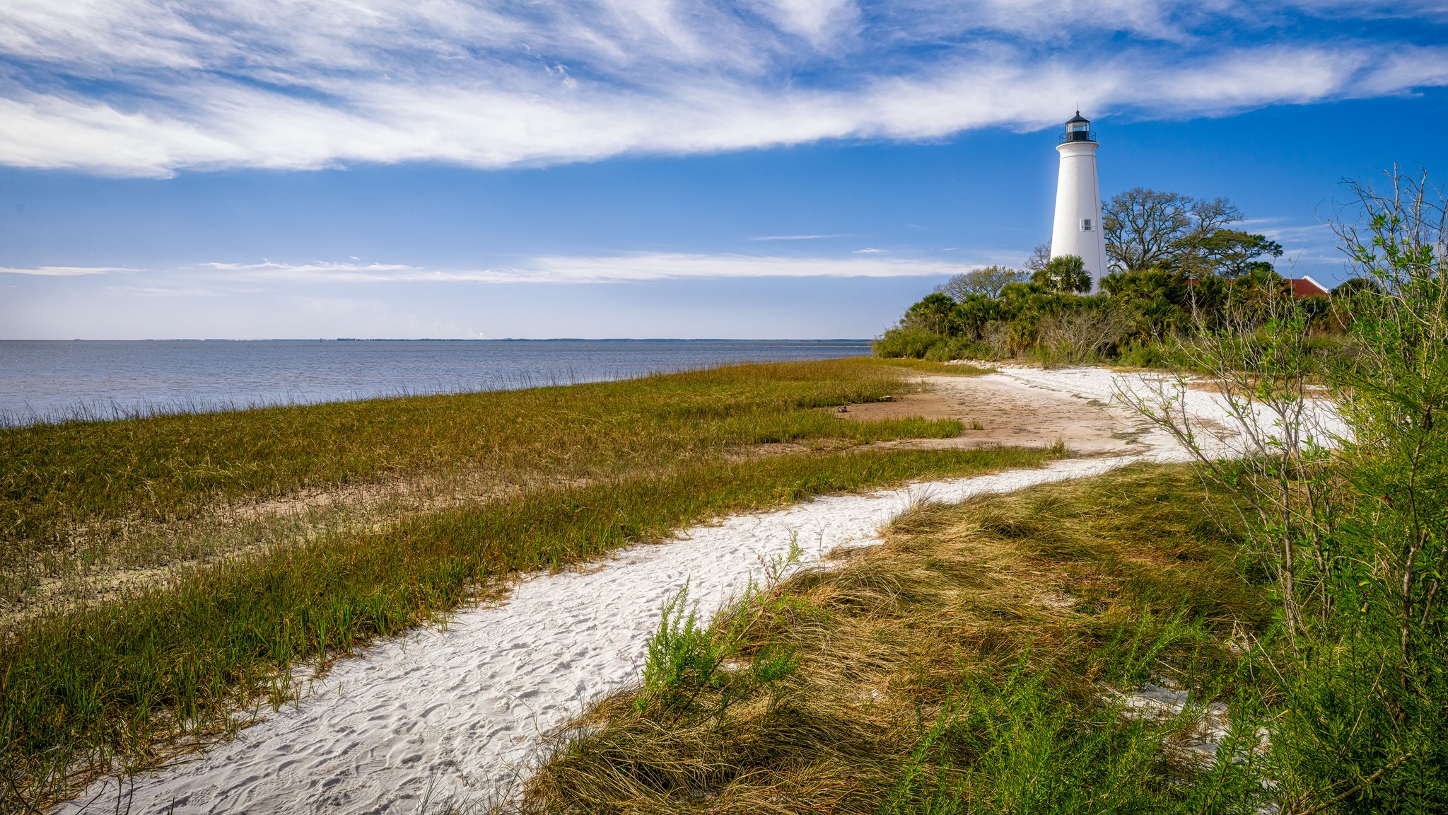 White lighthouse on a grassy coast in Florida, USA HD Wallpaper