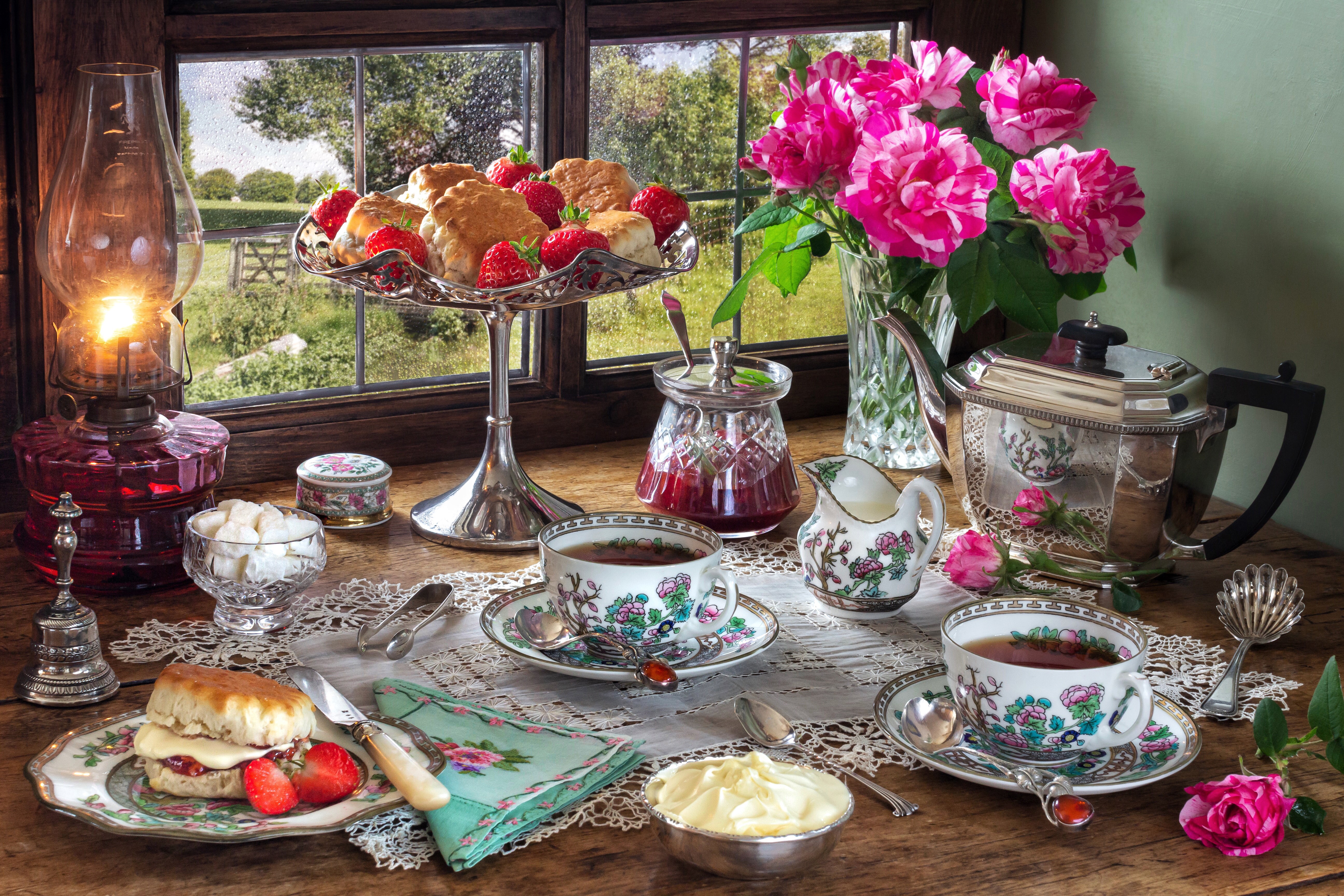 Still-life of a tea set with roses and scones HD Wallpaper
