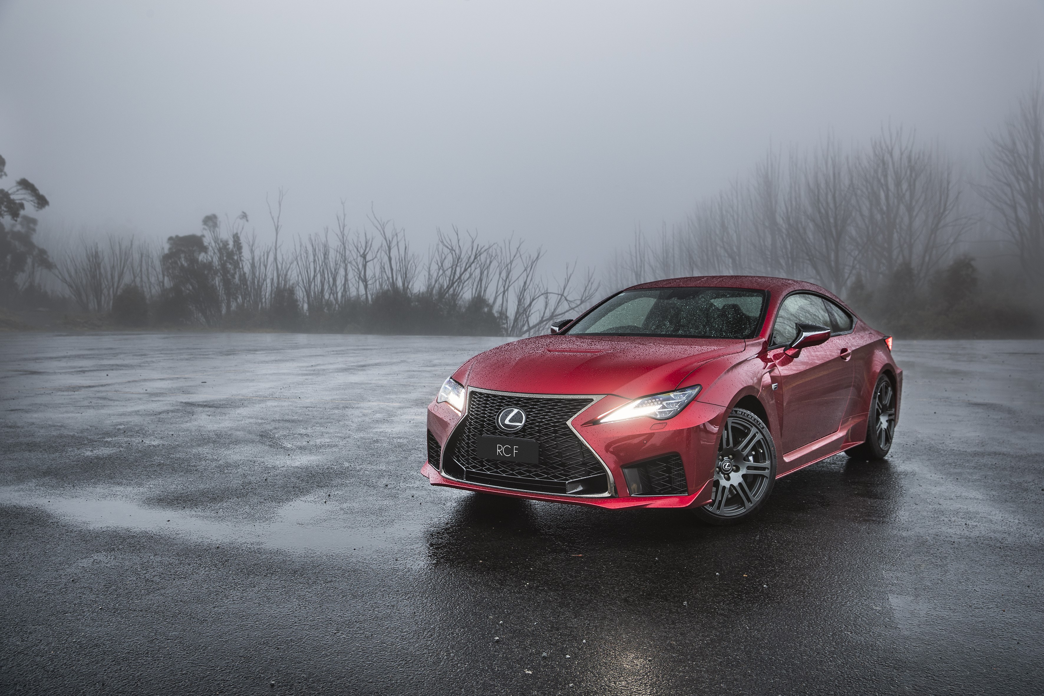 Red 2019 Lexus RC F on a Wet Road HD Wallpaper