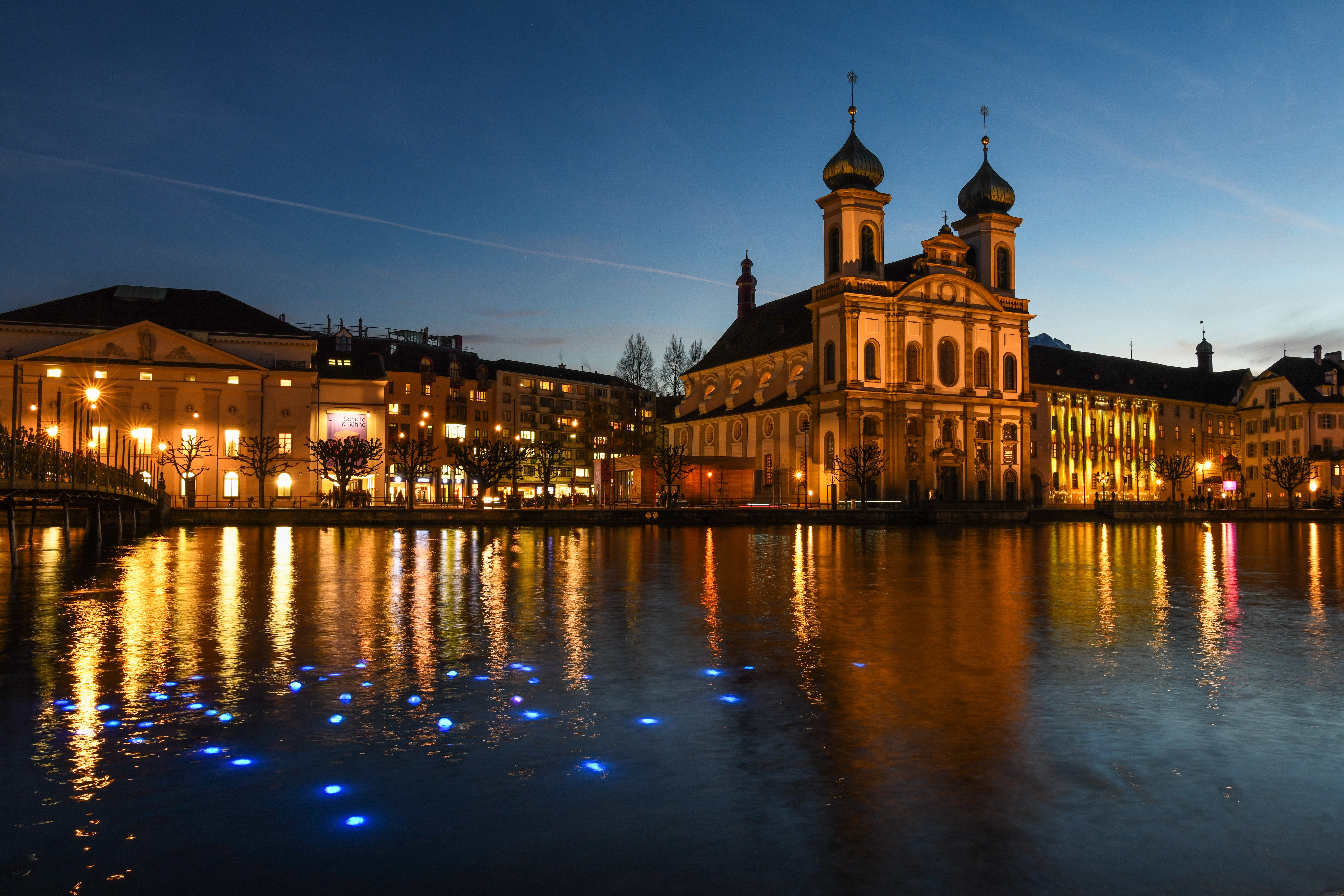 Jesuit Church of St. Francis Xavier, Lucerne, Switzerland at Dusk HD Wallpaper