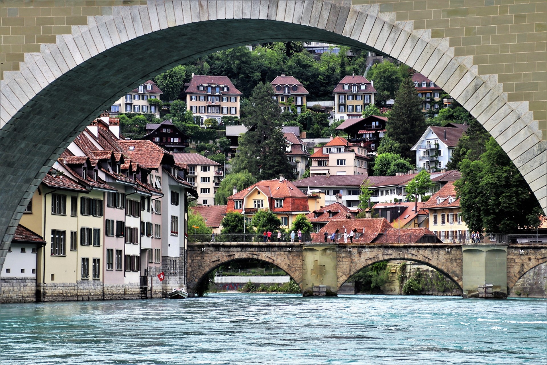 River Aare with bridges and houses in Bern, Switzerland HD Wallpaper
