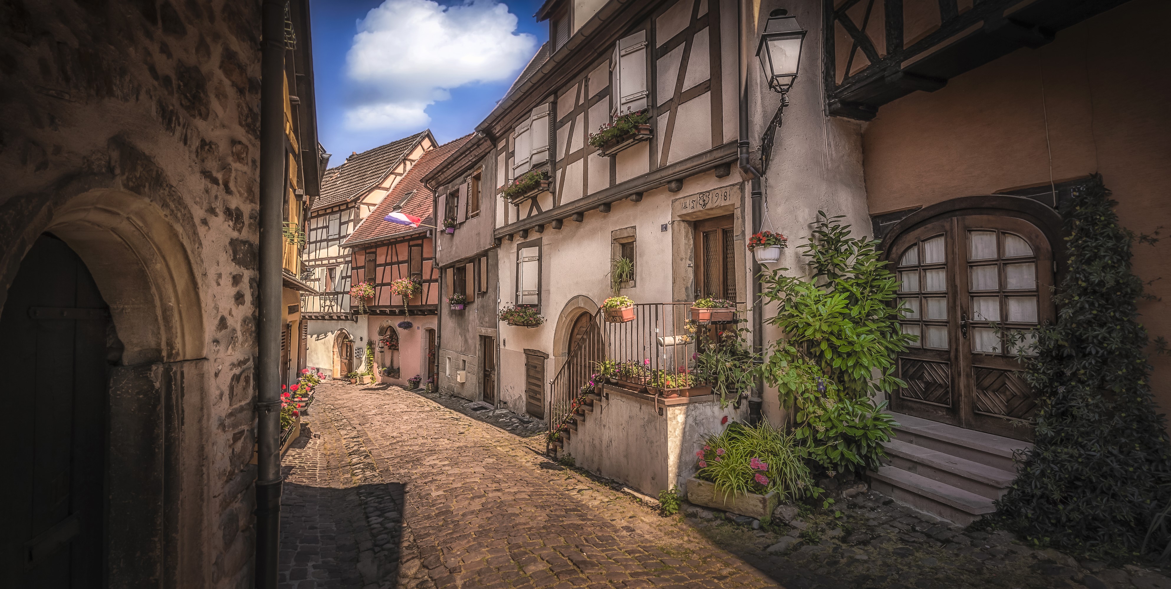 Eguisheim France Street with Half-Timbered Houses HD Wallpaper