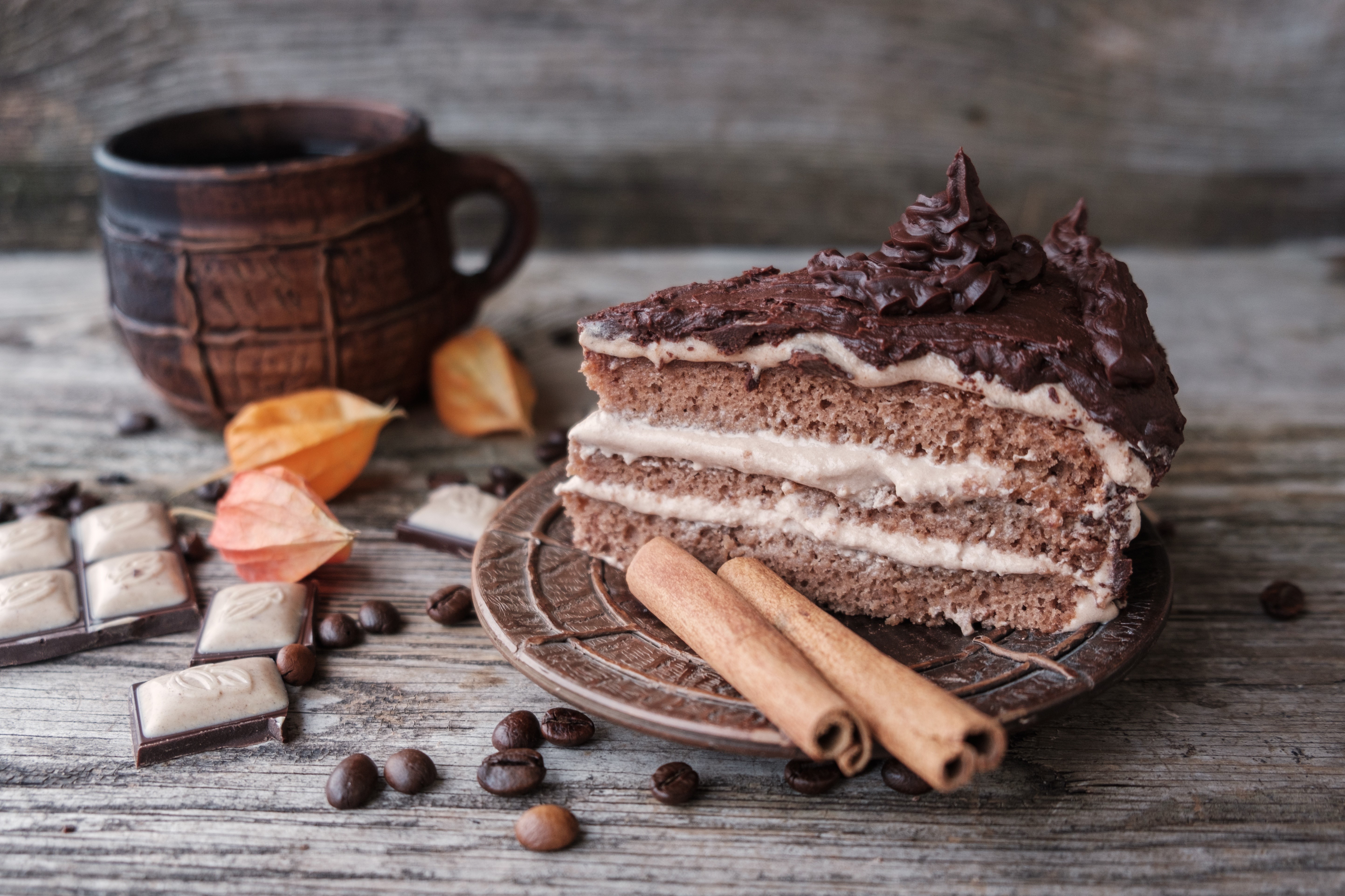 Chocolate cake slice with coffee and cinnamon HD Wallpaper