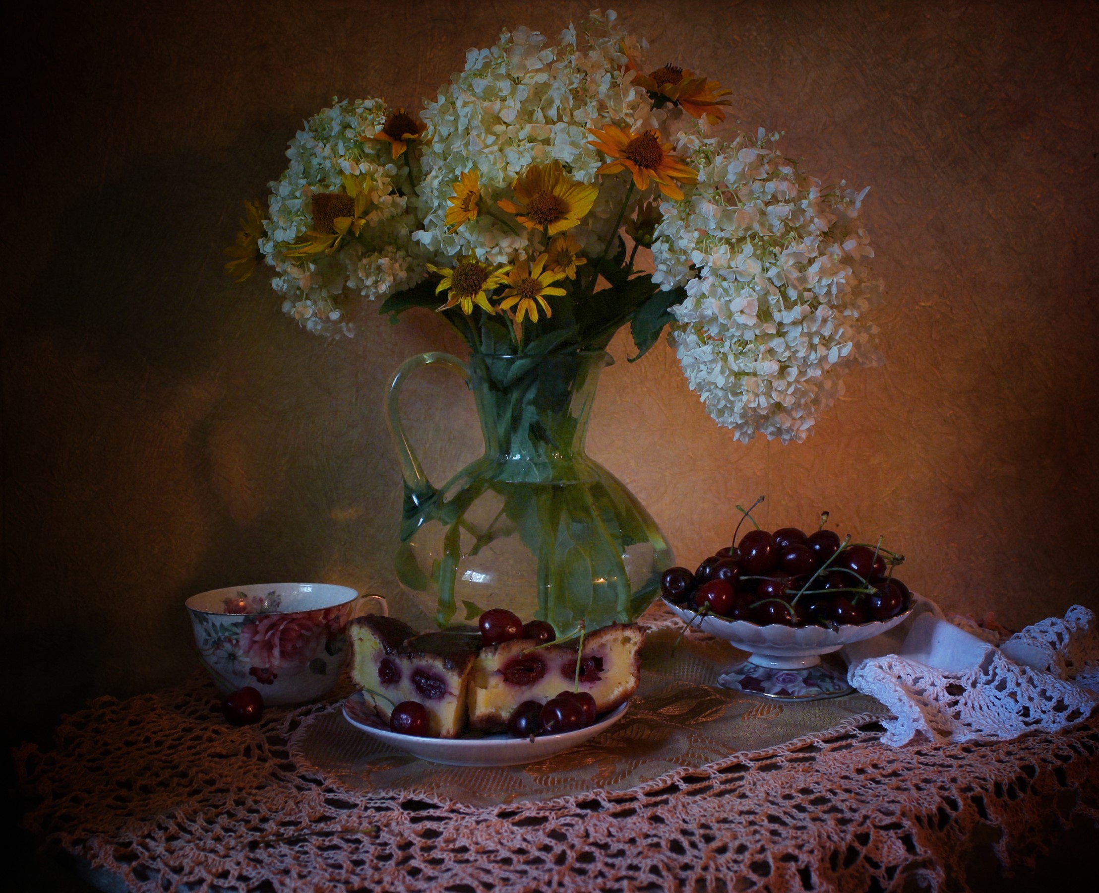 Still life with pie, cherries, and flowers HD Wallpaper