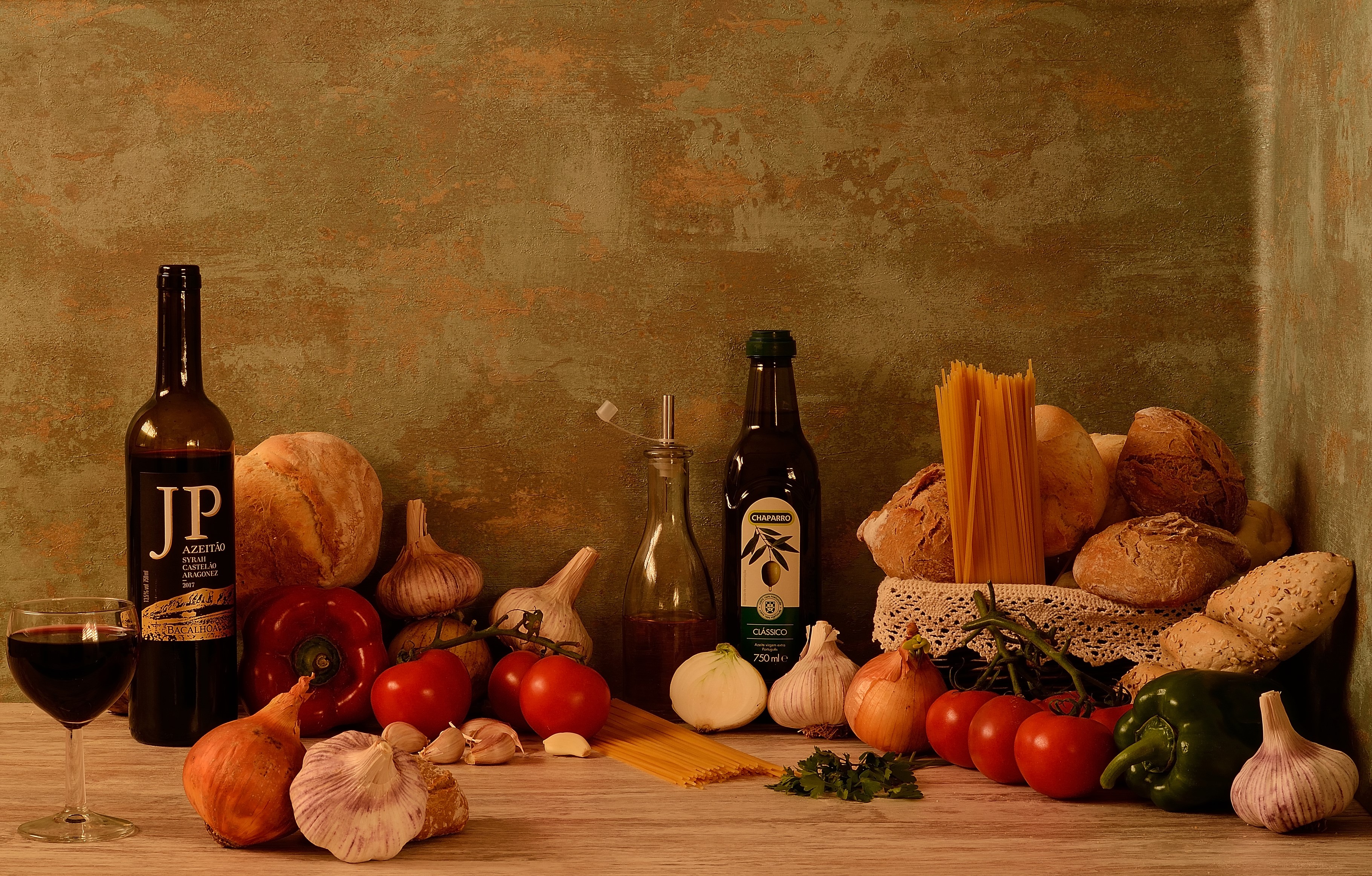 Still life with bread, wine, vegetables, and pasta HD Wallpaper