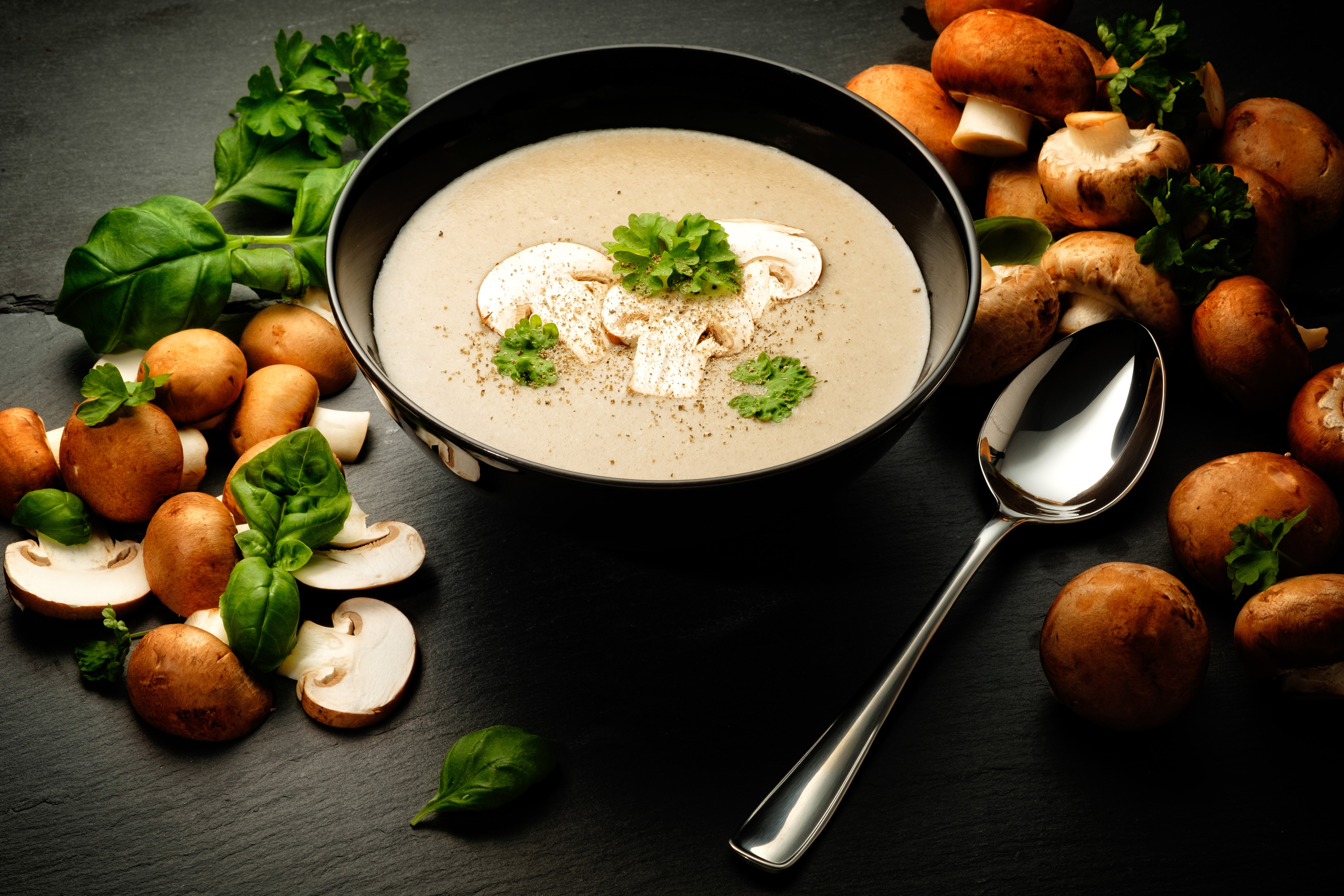 Mushroom soup with mushrooms and herbs HD Wallpaper