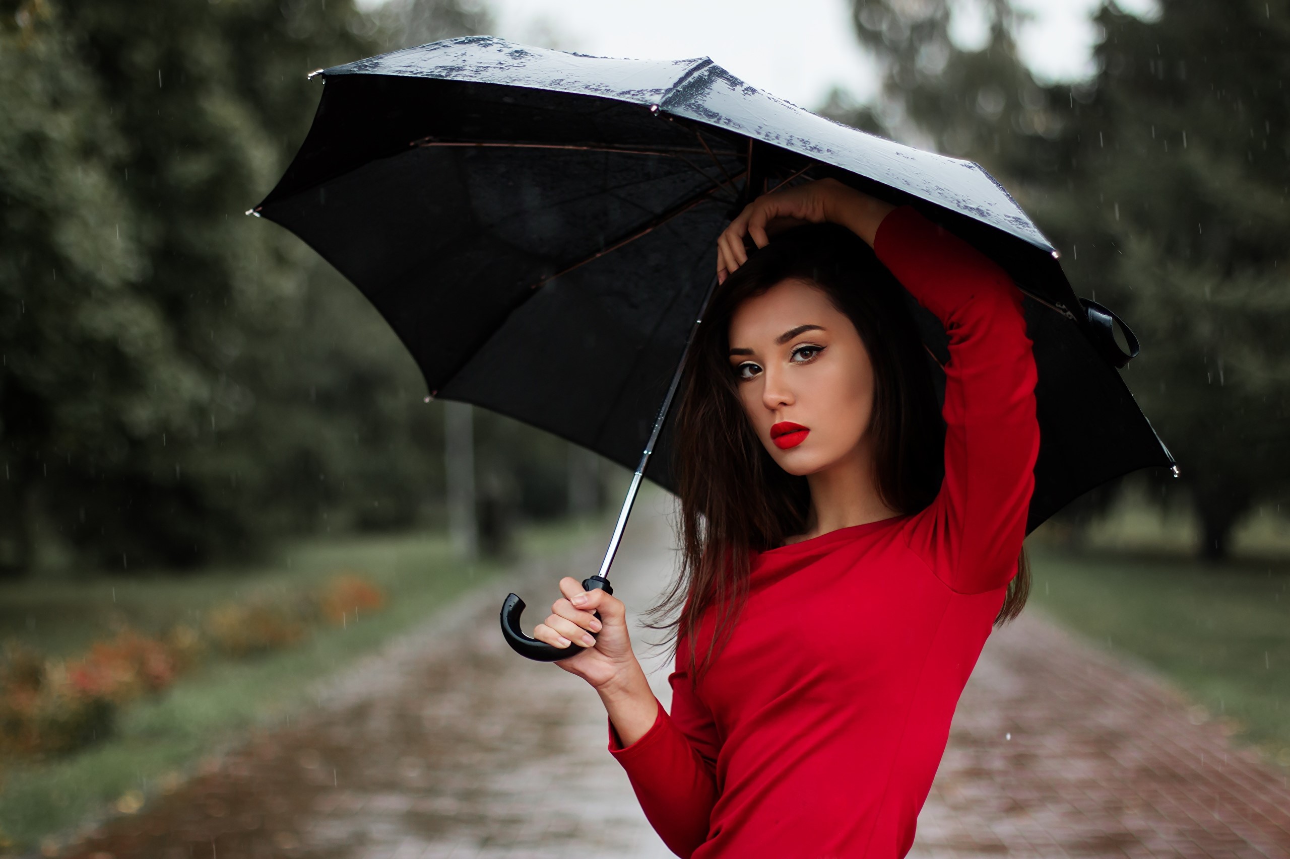 Brunette girl with umbrella in the rain HD Wallpaper