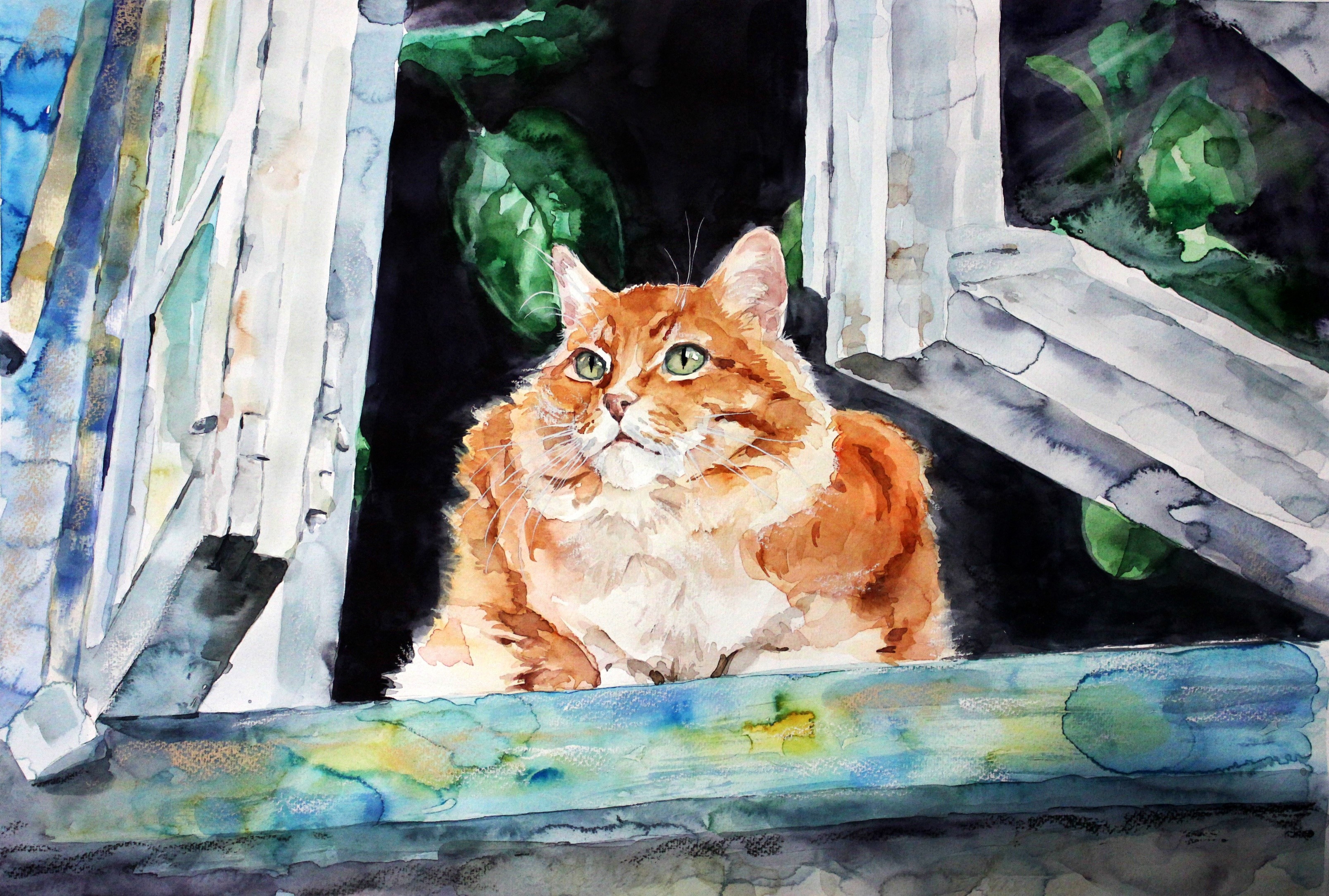 Orange cat sitting on a windowsill, watercolor painting HD Wallpaper