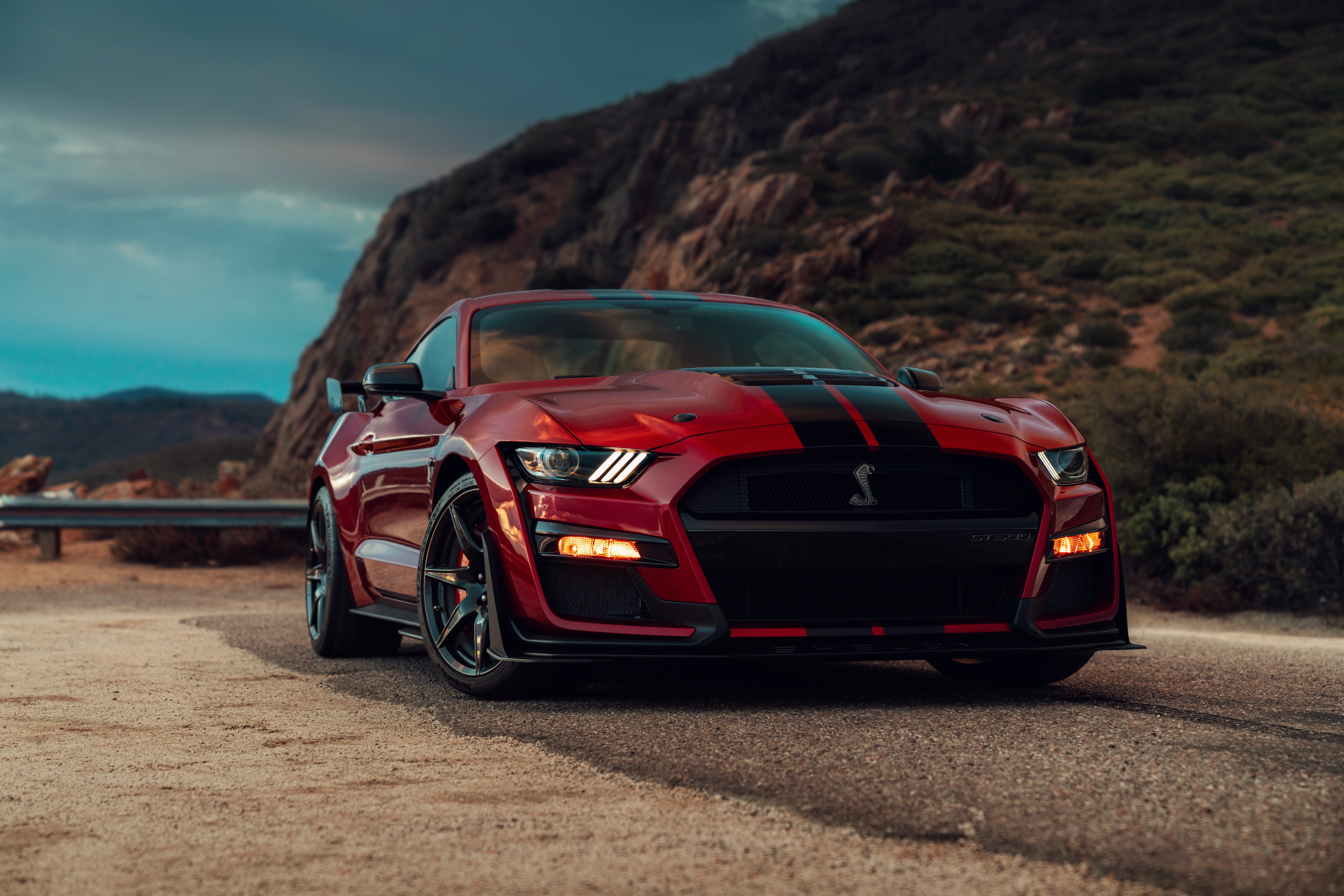 Red Ford Mustang Shelby GT500 with Black Stripes HD Wallpaper